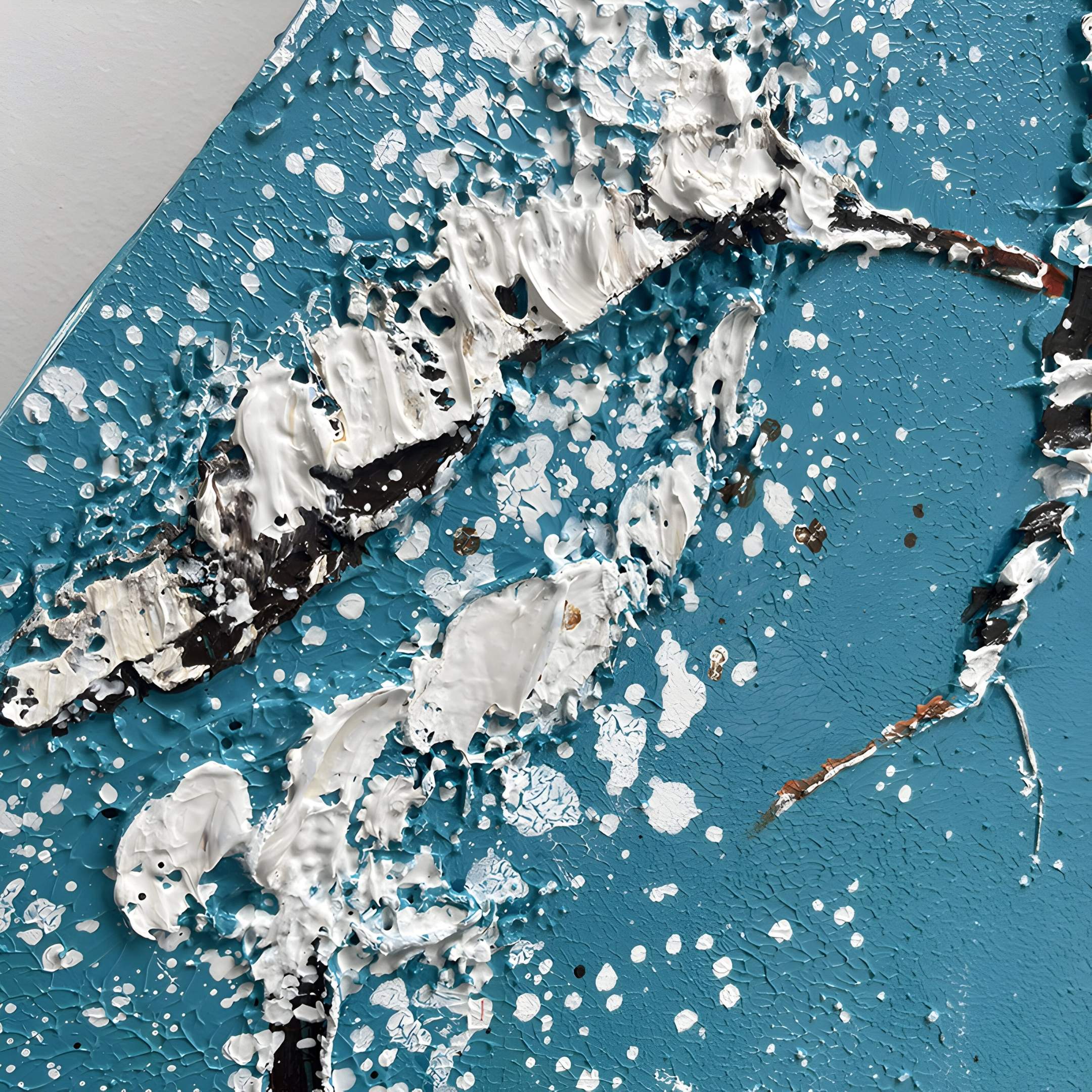 The Trevasse Aqua Blue Textured Abstract Framed Wall Art by Giant Sculptures features thick white and black paint on an aqua blue background, forming a snowy branch-like pattern ideal as contemporary decor for modern interiors.