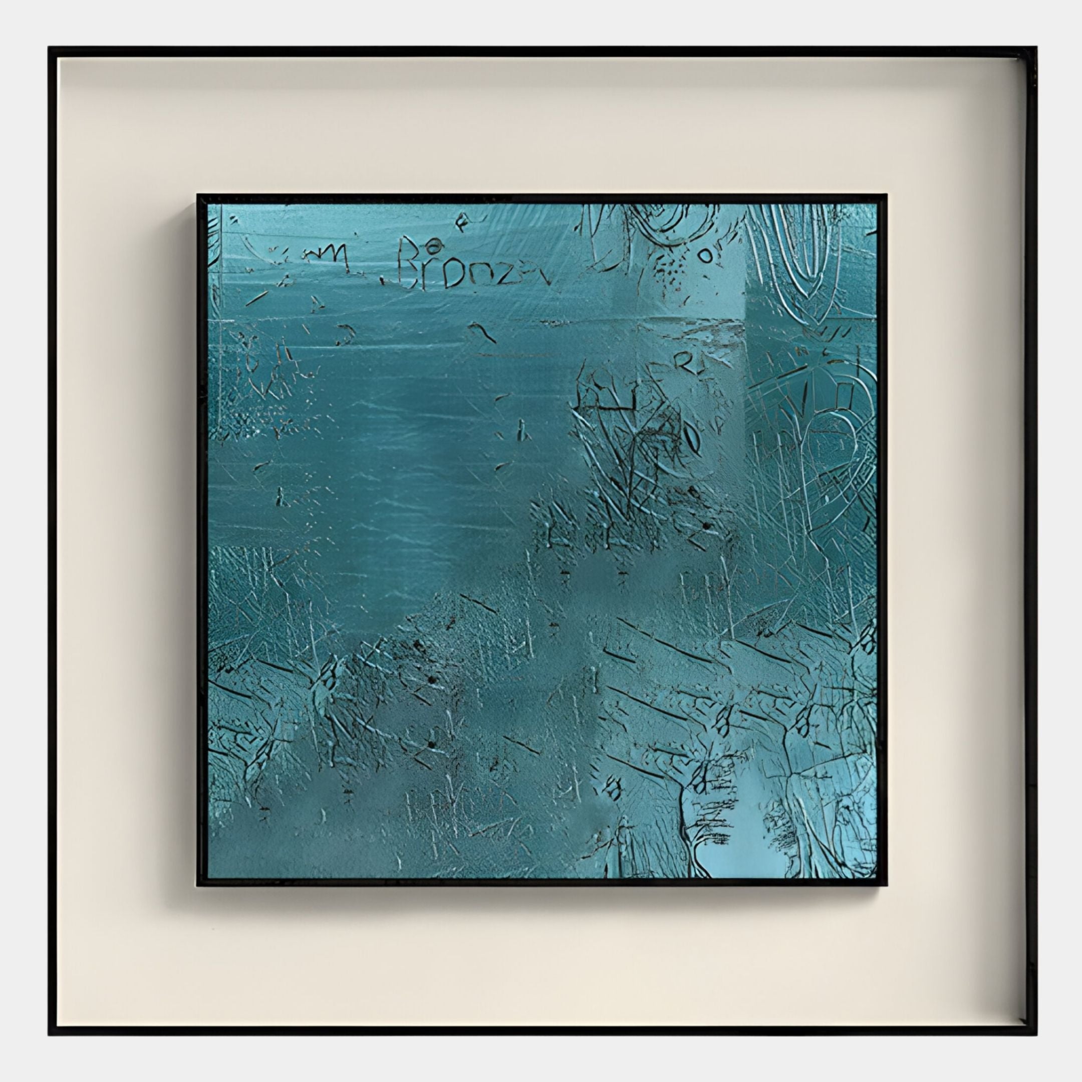 The Trevasse Teal Textured Abstract Framed Wall Art by Giant Sculptures features turquoise and teal hues, subtle scratches, scribbles, and geometric shapes on an off-white background—ideal modern decor for any living room.