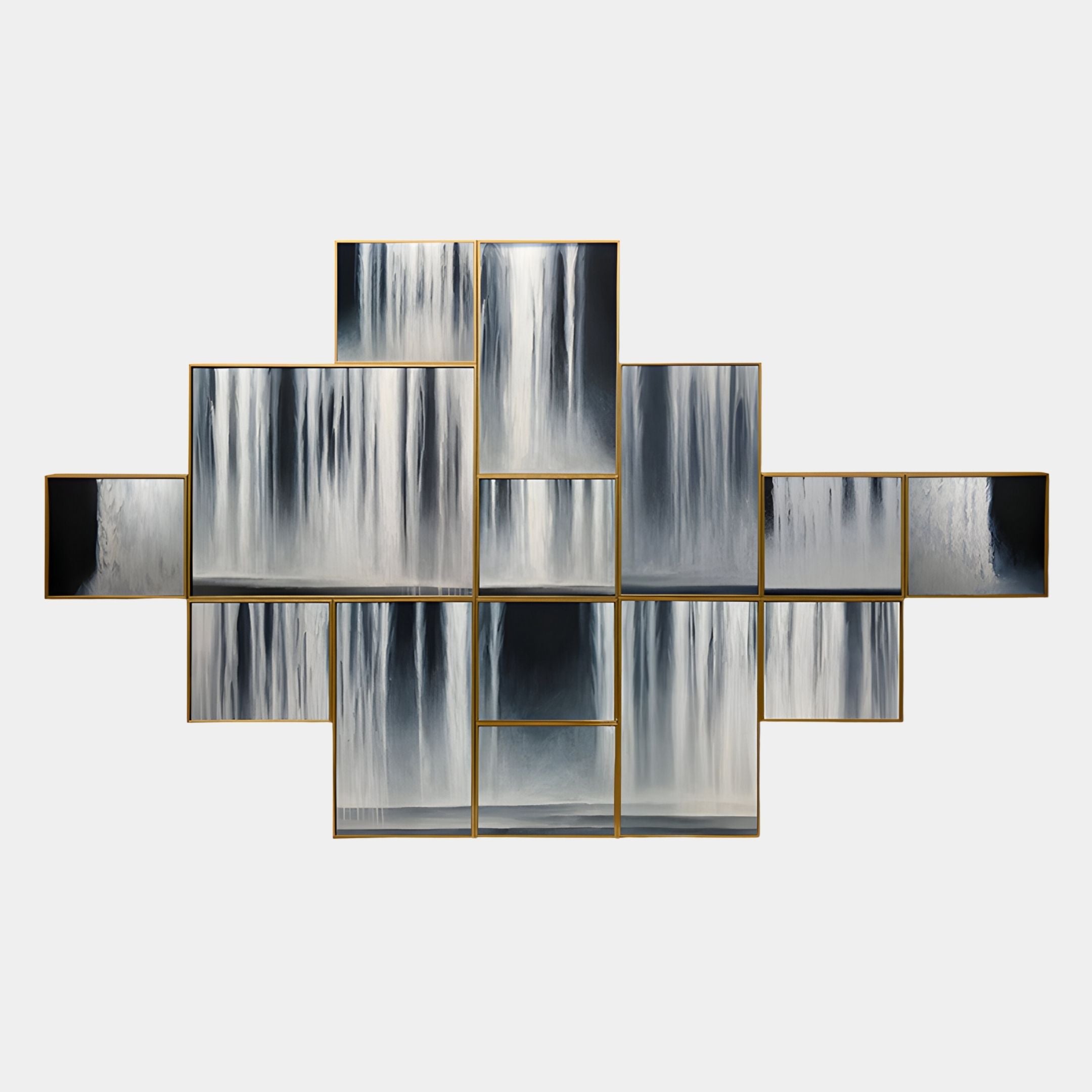 The Auresmap Silver Cascade Multi-Panel Waterfall Wall Art by Giant Sculptures features abstract black, white, and gray waterfall imagery in gold frames—ideal for contemporary decor.
