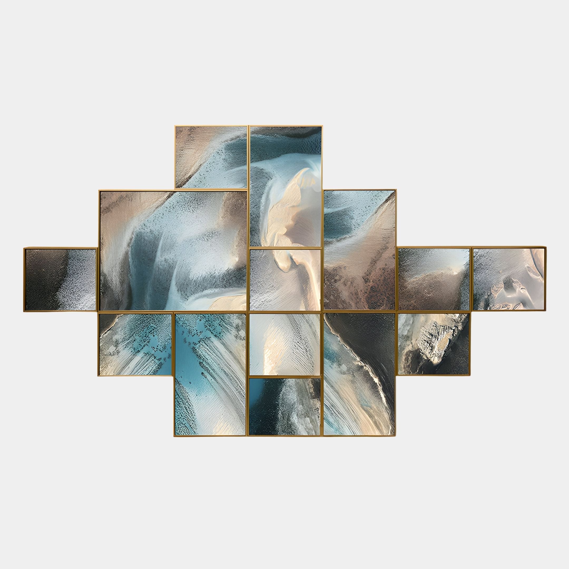 The Auresmap Tide Multi-Panel Abstract Landscape Wall Art by Giant Sculptures features abstract blue, beige, and white patterns in a geometric layout with gold frames, bringing a modern flair to any space.