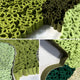 Close-up collage of the Verdurelle Green Layered Flow Felt 3D Wall Art by Giant Sculptures, showing sculpted green and brown felt in organic, moss-like patterns with intricate rolled and layered textures from different angles.