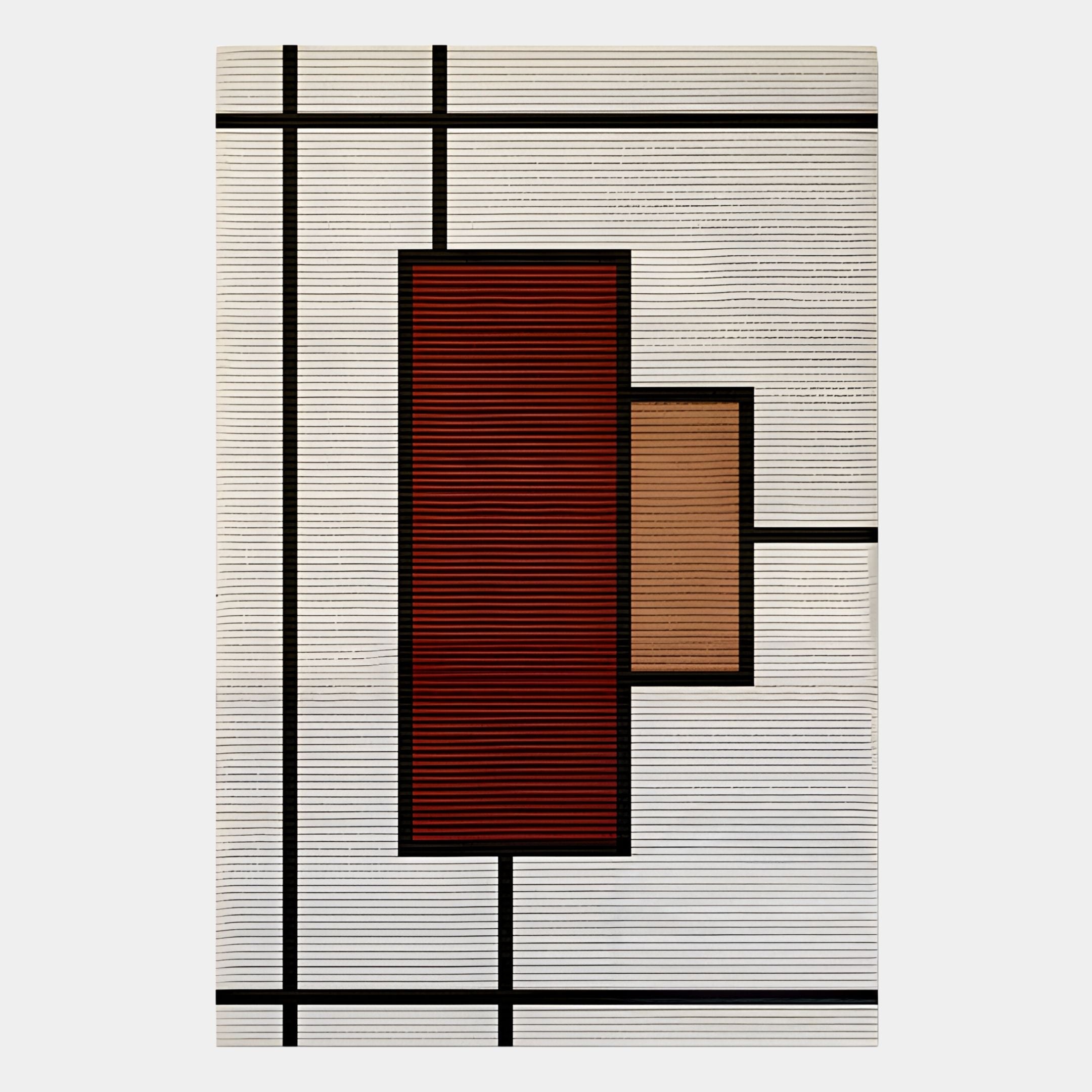 The Gridoria Deep Red & Sand Linear Block Woven Wall Art by Giant Sculptures displays bold black lines with red and brown rectangles overlapping on a white background—ideal for modern wall decor.