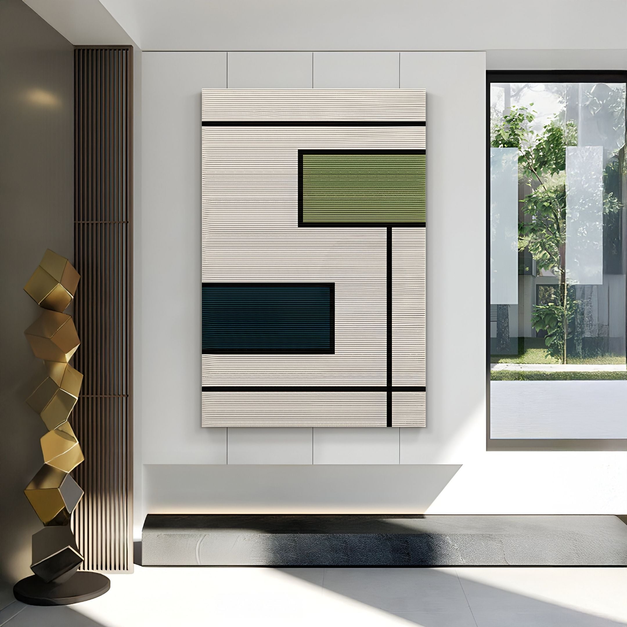 A modern interior showcases the Giant Sculptures Gridoria Olive Green & Teal Linear Block Woven Wall Art on a white paneled wall by a window overlooking lush greenery.