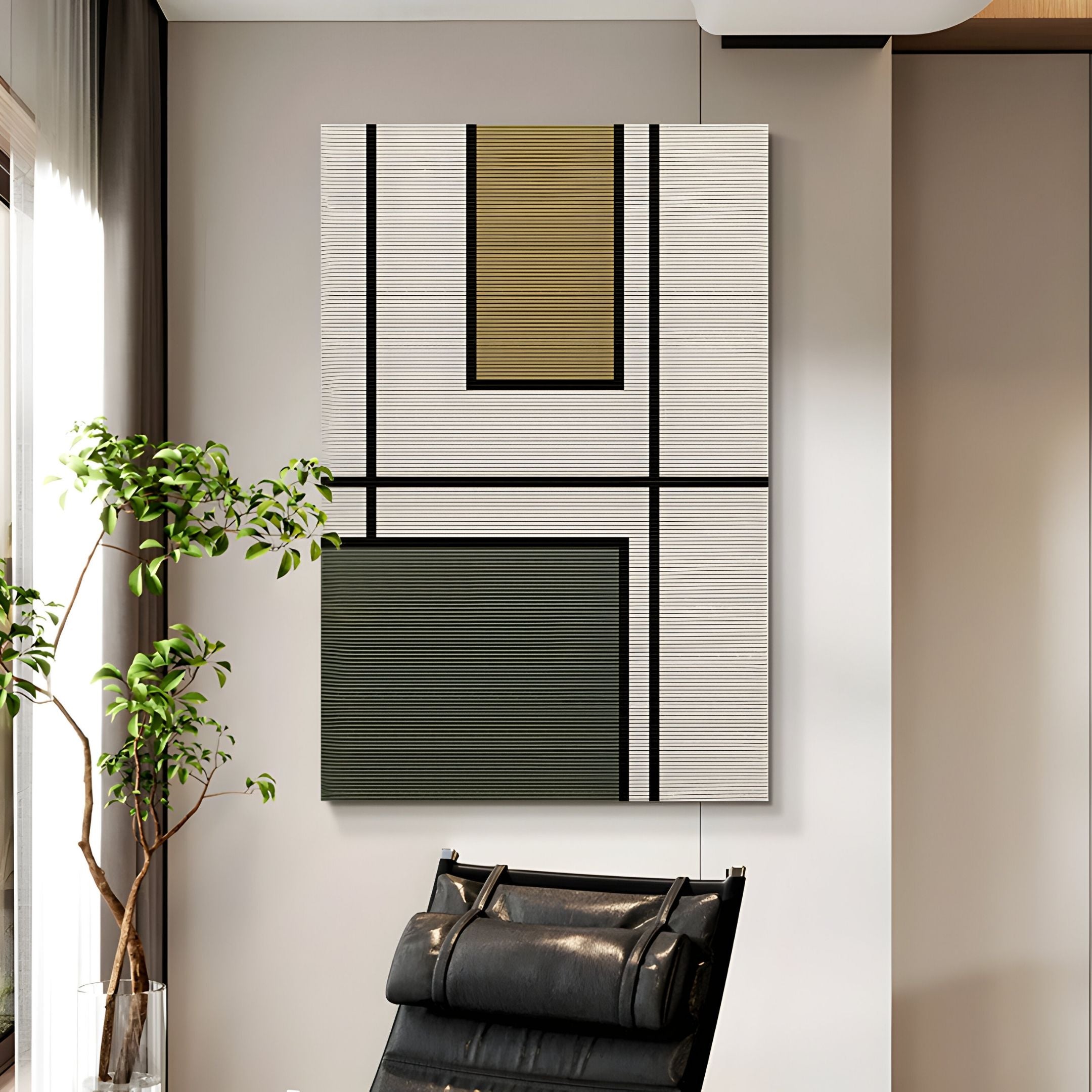 A modern room features the Gridoria Mustard Gold & Graphite Linear Block Woven Wall Art by Giant Sculptures, with black lines and colored rectangles in white, olive green, and dark green, complemented by a potted plant and black leather chair.