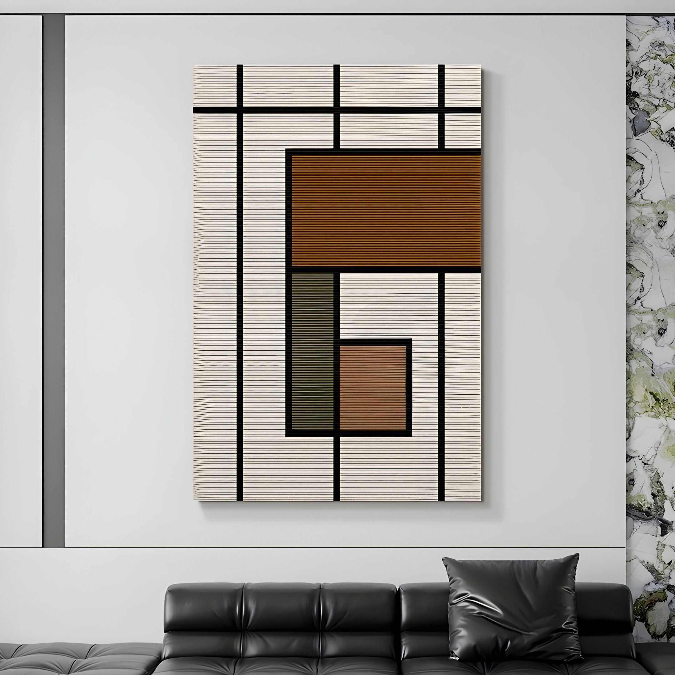 The Gridoria Cocoa Brown & Olive Linear Block Woven Wall Art by Giant Sculptures, with geometric black lines and earthy hues, hangs above a black leather sofa in a minimalist living room.