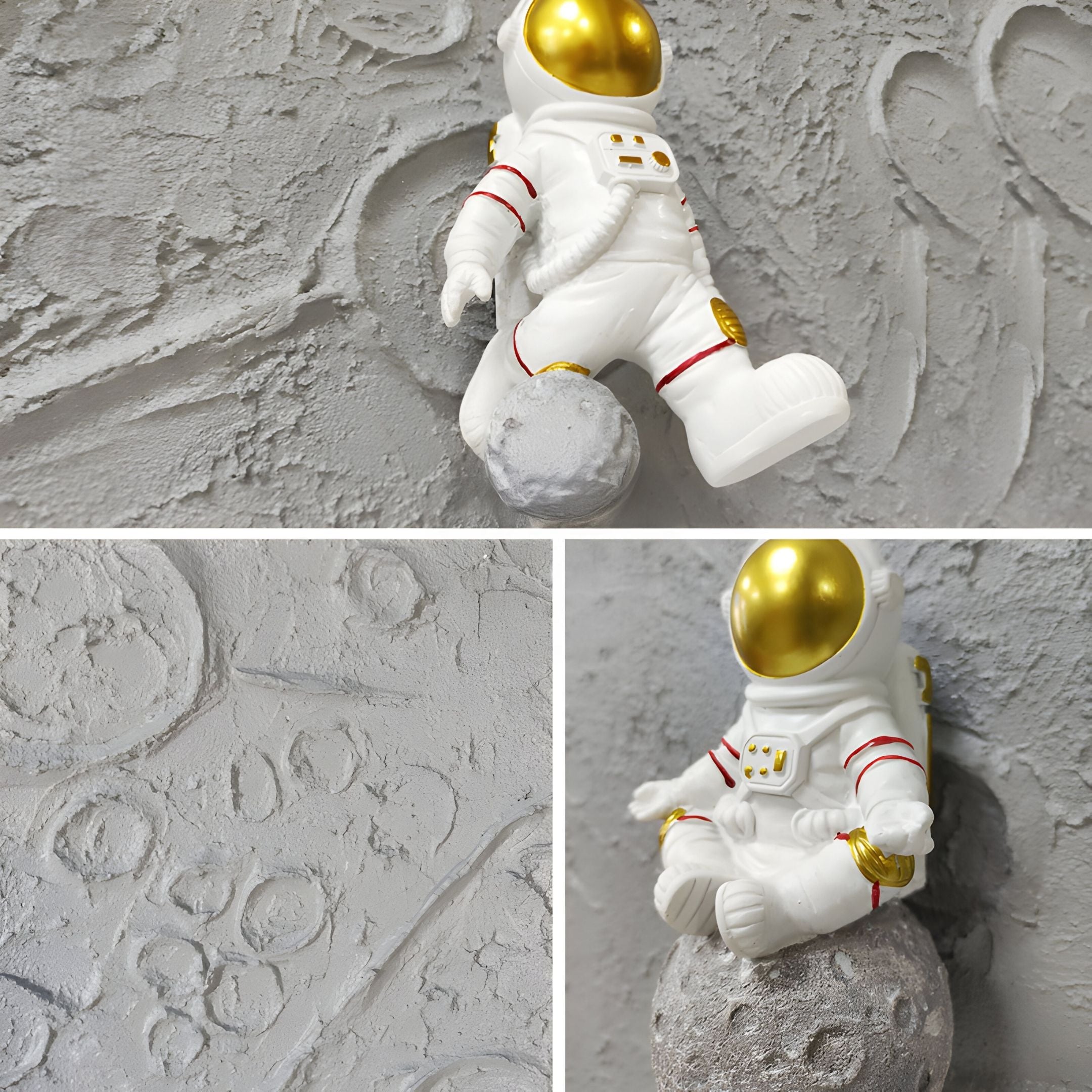 The Astravera Lunar Crew Grey Textured Astronaut 3D Wall Art by Giant Sculptures features a small astronaut with a gold helmet on a moon-like surface—ideal as unique children's room decor or eye-catching wall art.