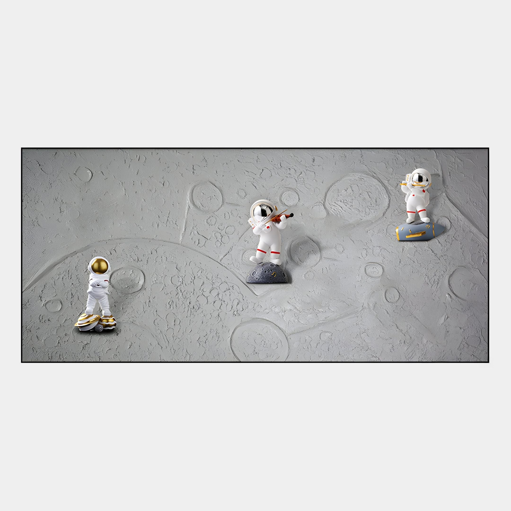 The Astravera Cosmic Trio Grey Textured Astronaut 3D Wall Art by Giant Sculptures features three white-suited astronauts on a moon-like surface with craters, perfect for adding a celestial touch to kids' room decor.