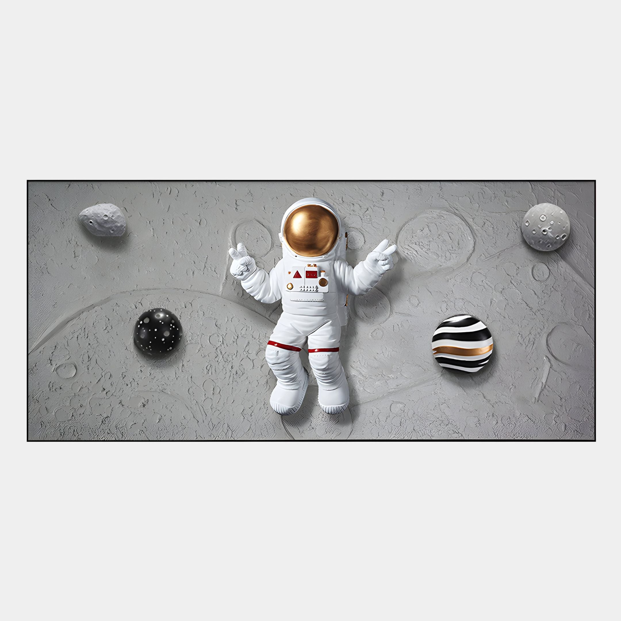 The Astravera Galactic Orbit Planet Astronaut 3D Wall Art by Giant Sculptures features a white-suited astronaut floating among planets and asteroids—perfect for inspiring adventure in any children’s bedroom wall art collection.