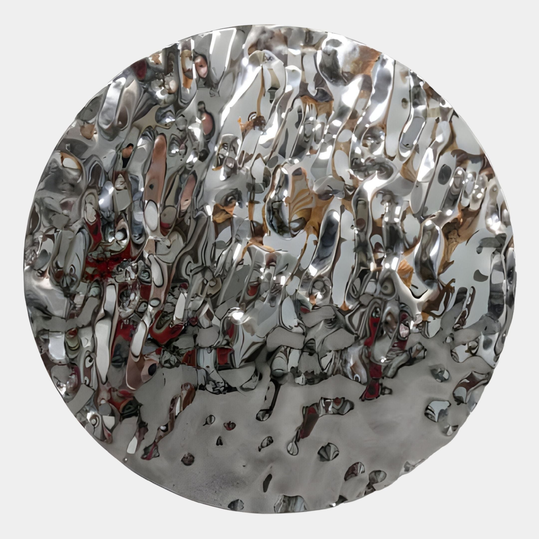 The Lumineris Silver Ripple Sphere Metal 3D Wall Art by Giant Sculptures features a circular, highly reflective stainless steel surface with a rippled pattern for an abstract, wavy effect that distorts light and reflections.