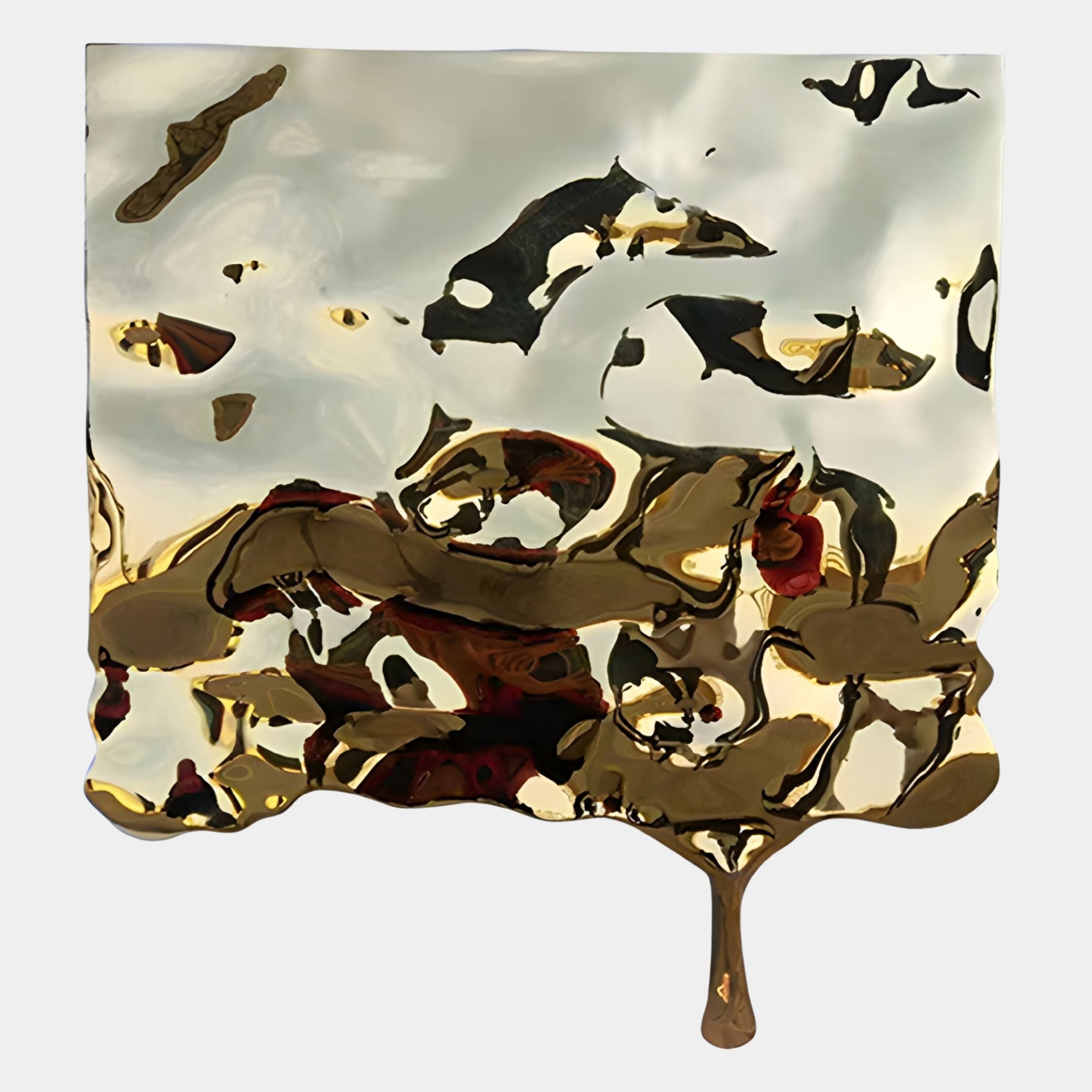 The Lumineris Gold Melted Wave Metal 3D Wall Art by Giant Sculptures features a shiny, abstract stainless steel surface with gold, silver, and brown wavy reflections and a drop-like form, set against a light gray background for a striking modern look.