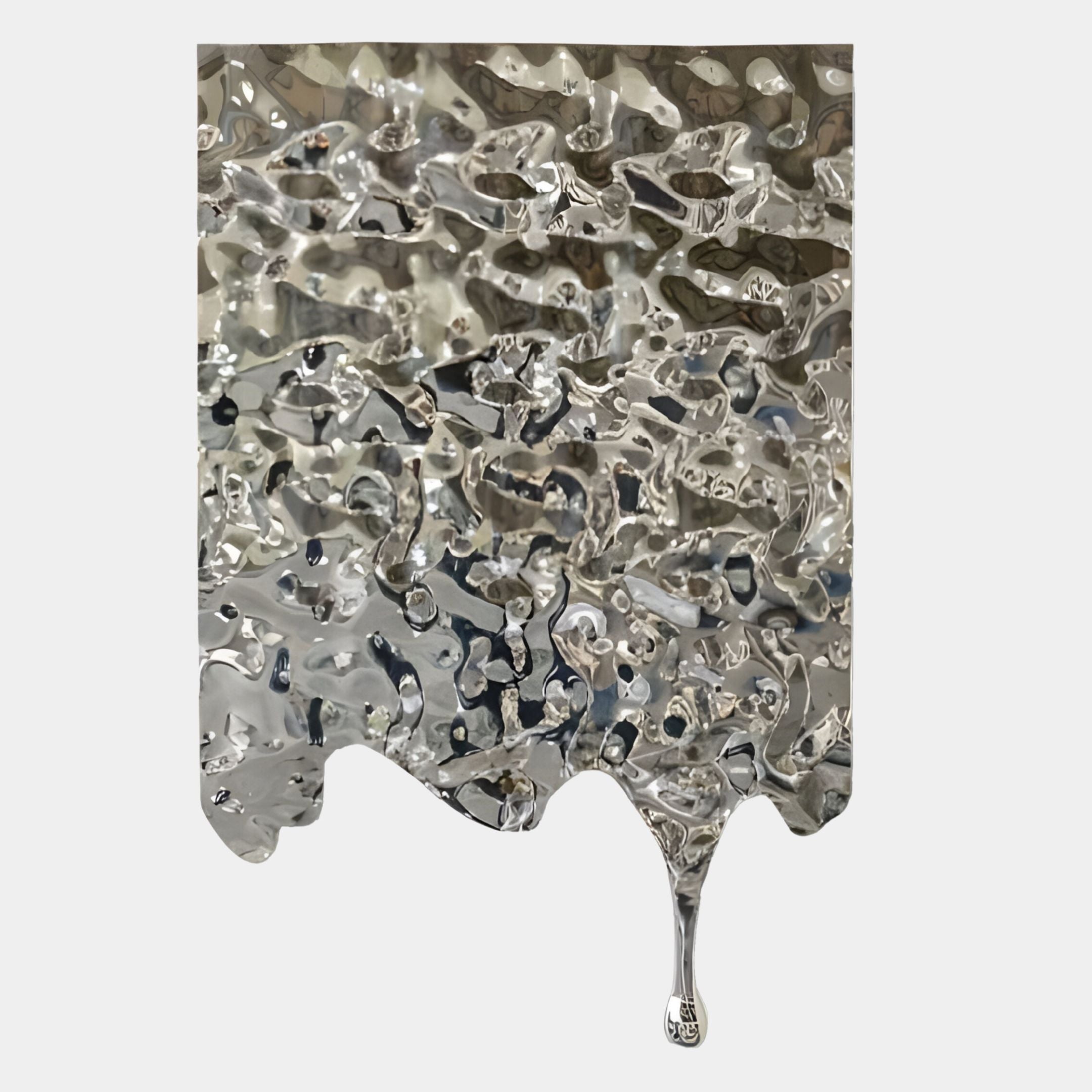 The Lumineris Silver Drip Cascade Metal 3D Wall Art by Giant Sculptures features a metallic, rippled surface flowing into a single droplet—an eye-catching silver piece against a light background.