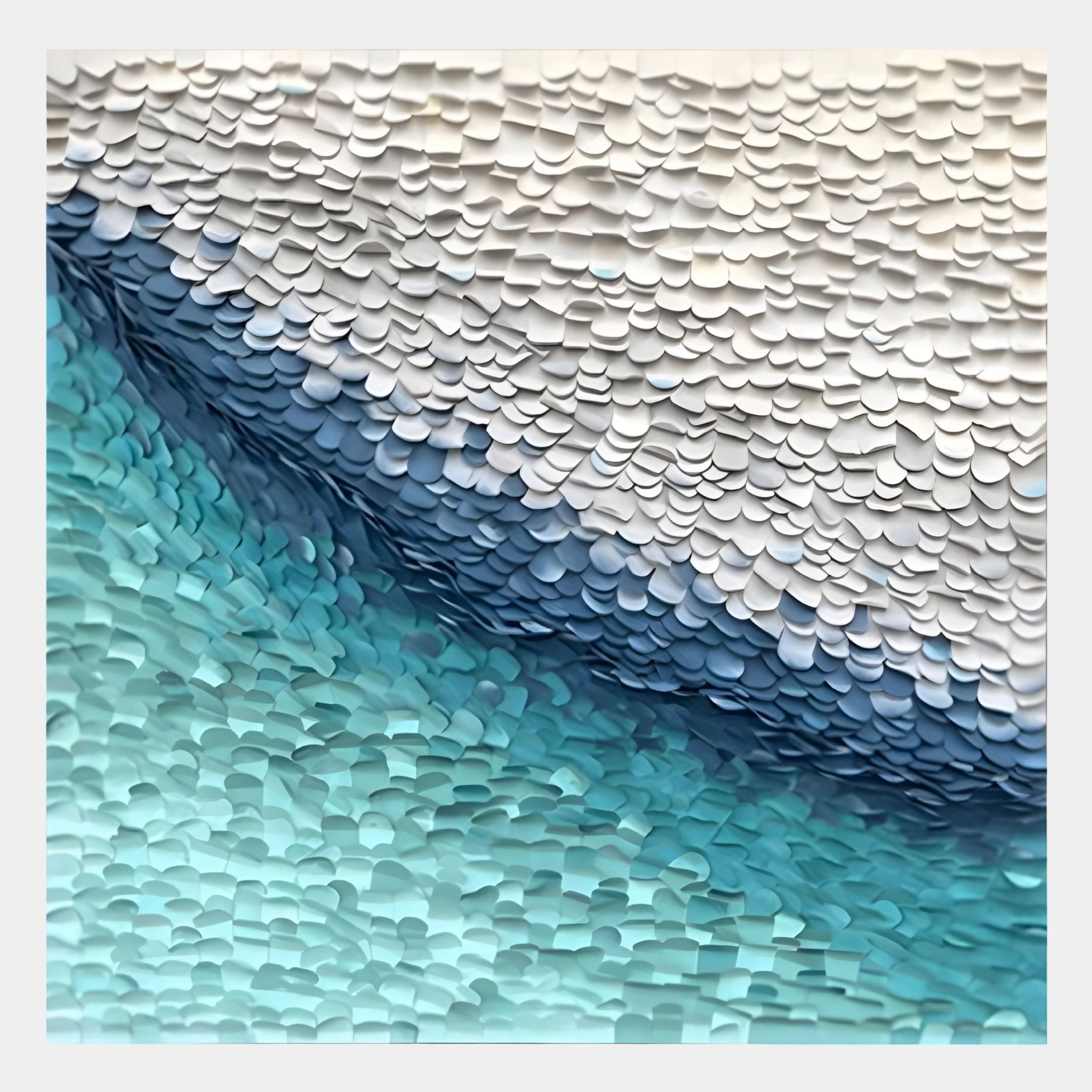 Seravelle Aqua Blue Gradient Layered 3D Paper Wall Art by Giant Sculptures features overlapping petal-like shapes in an aqua blue gradient, transitioning from white to deep turquoise for a striking textured effect.