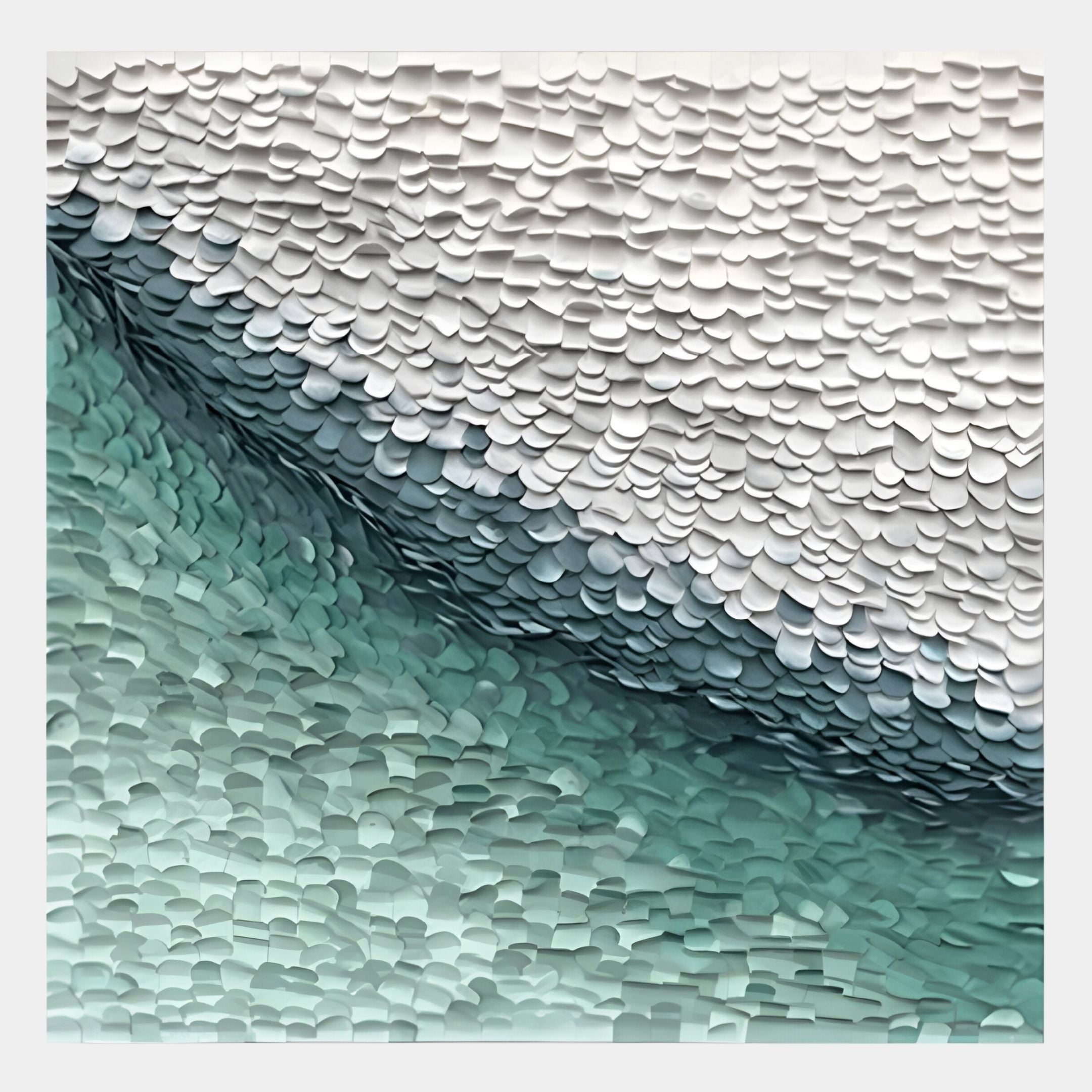 The Seravelle Mist Blue Gradient Layered 3D Paper Wall Art by Giant Sculptures features overlapping white and teal shapes, forming a textured, wave-like pattern with blended light and dark shades for a dynamic visual effect.