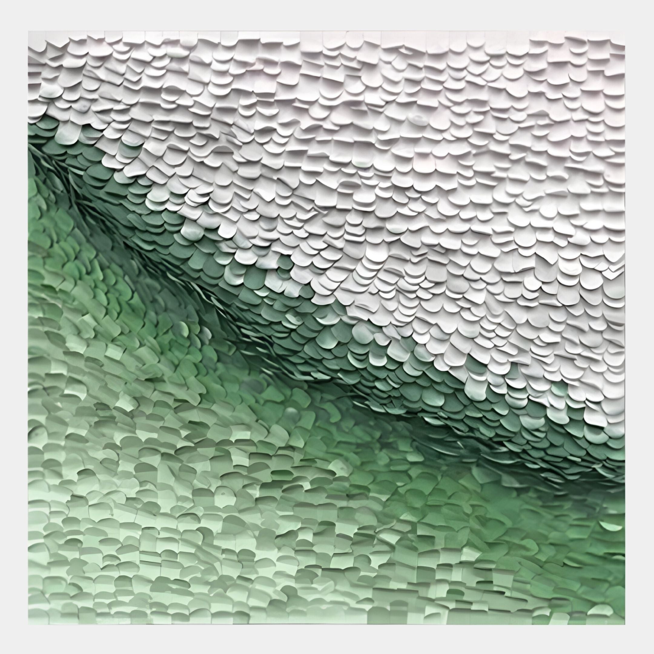 The Seravelle Green Gradient Layered 3D Paper Wall Art by Giant Sculptures features overlapping scale-like shapes shifting from white to green, creating a textured wave effect—ideal as handcrafted wall decor or bold green gradient wall art.