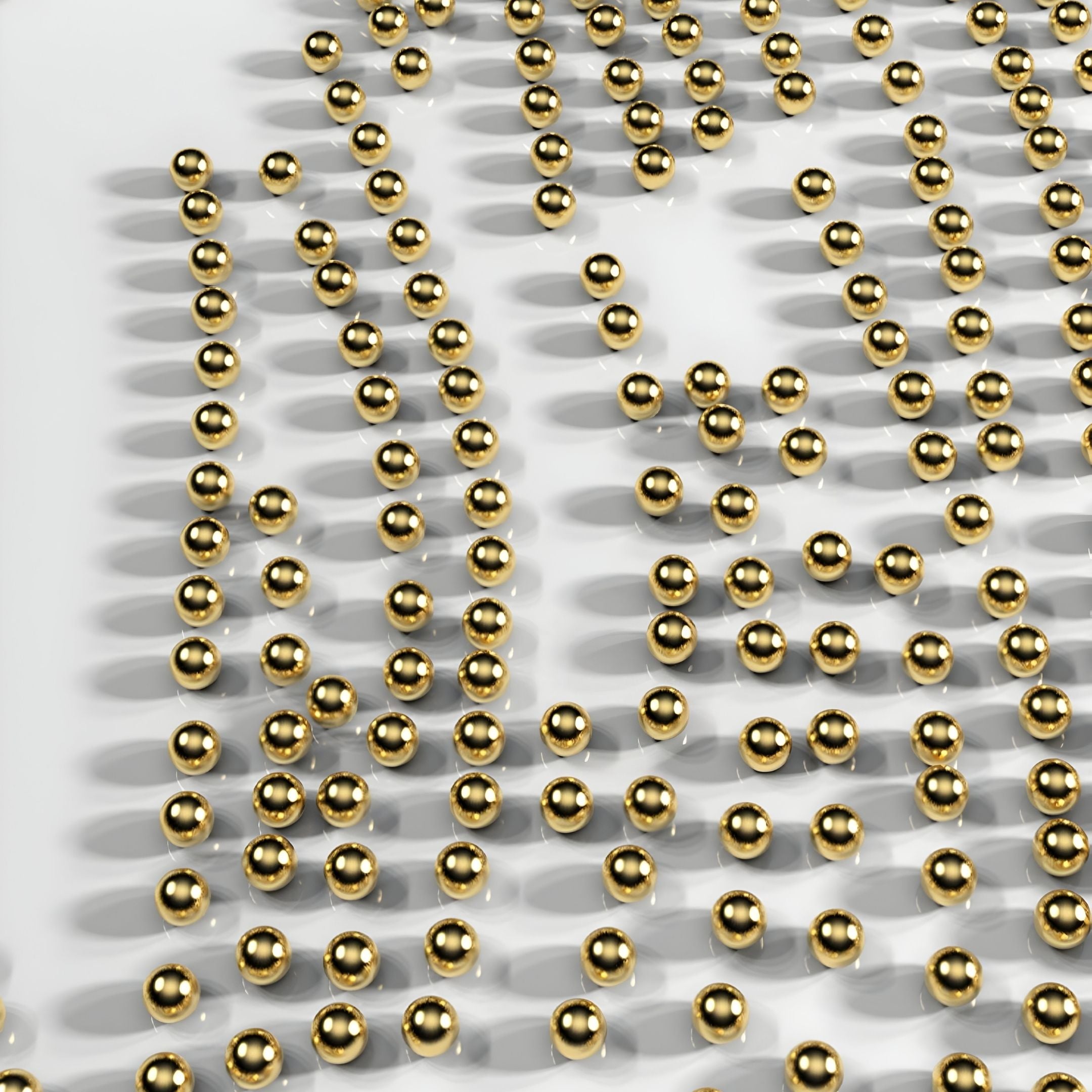 The Auravolta I Pearl Beads Swirl Pattern 3D Wall Art by Giant Sculptures features rows of shiny golden spheres in a grid on a white surface, each casting soft shadows for striking, abstract wall decor.