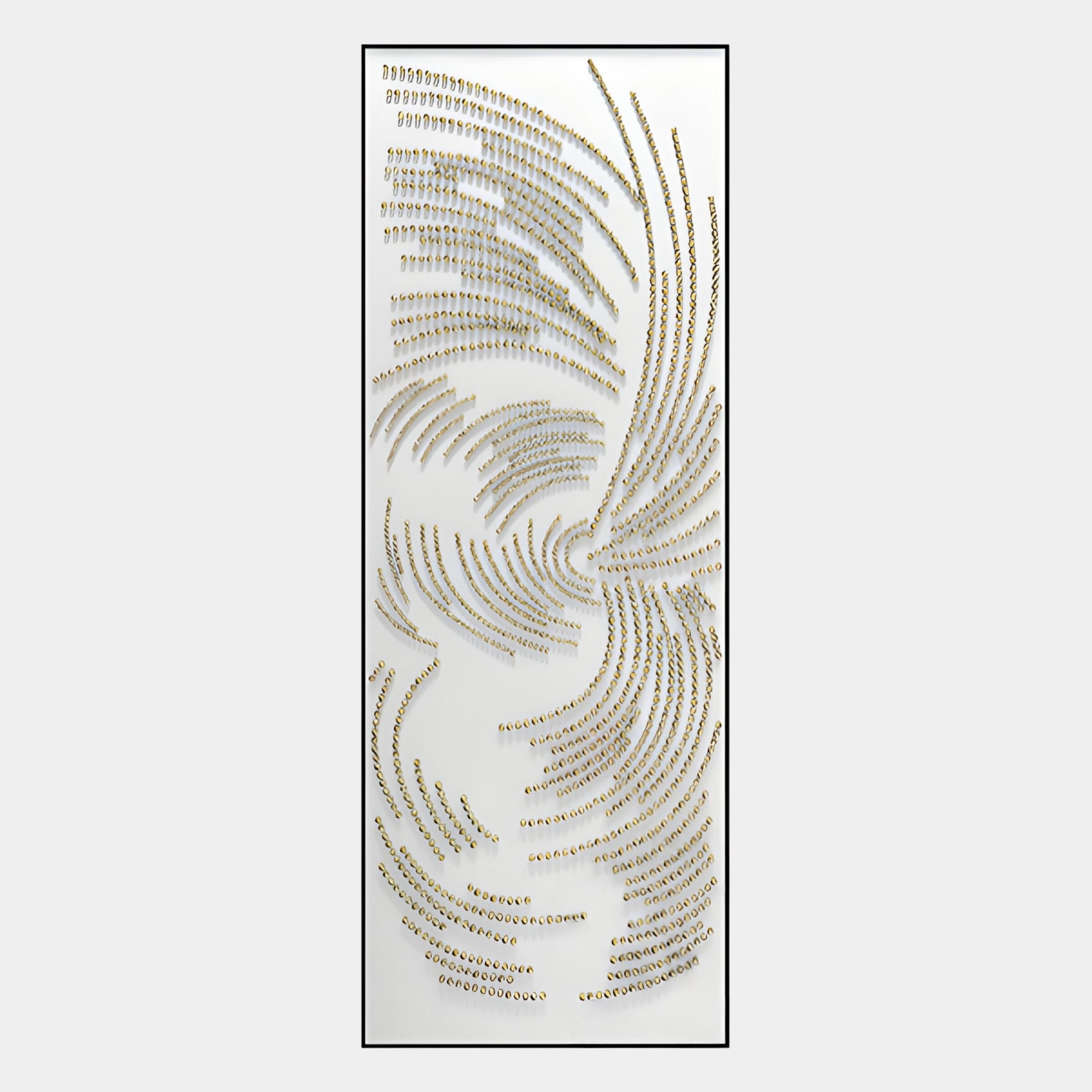 Auravolta I Pearl Beads Swirl Pattern 3D Wall Art by Giant Sculptures features gold, silver, and pearl beads on a white rectangular background, creating dynamic radiating curves for striking 3D abstract wall decor.