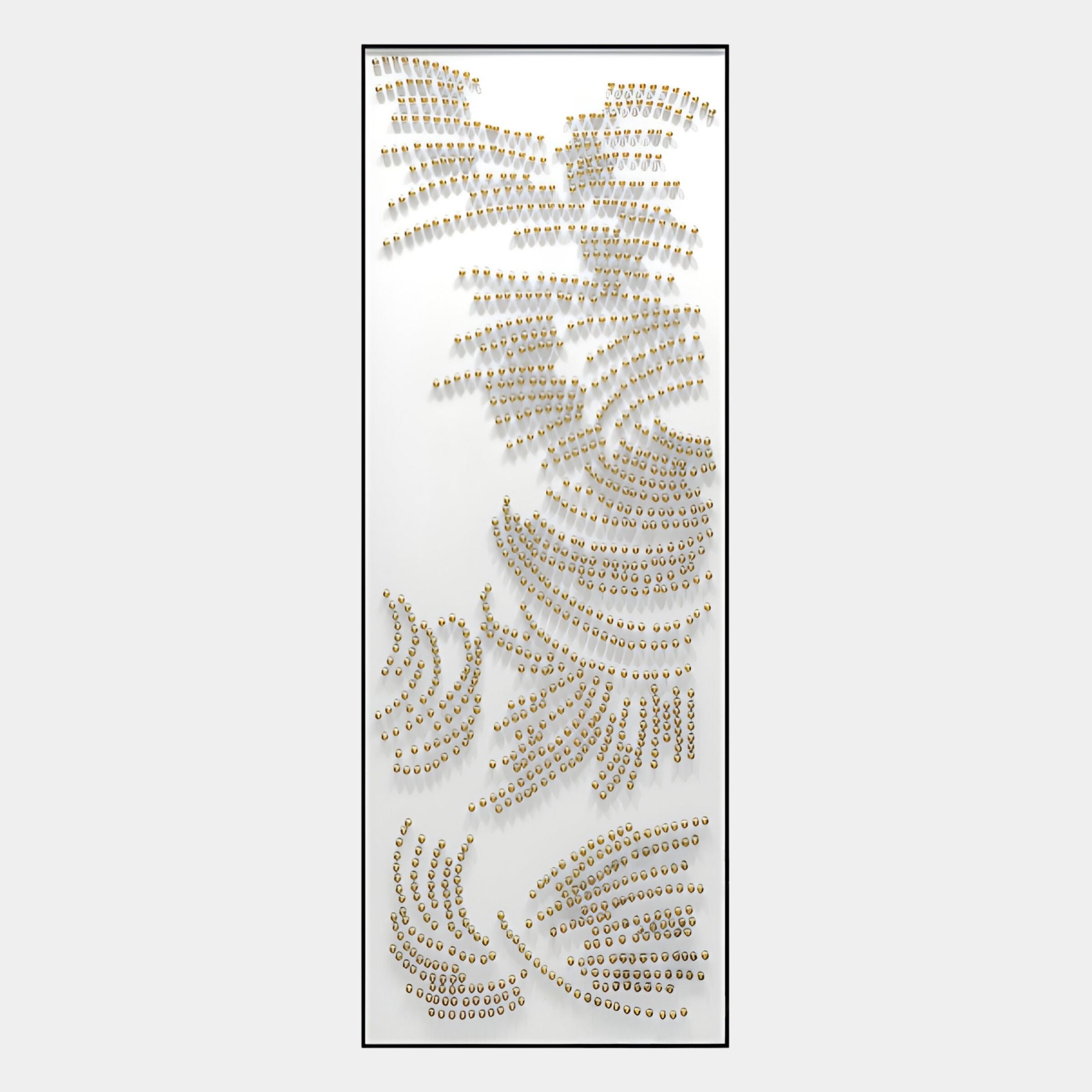 The Auravolta V Pearl Beads Swirl Pattern 3D Wall Art by Giant Sculptures features gold half-sphere studs on a white rectangular panel, set in a slim black frame for an abstract, contemporary accent to any room.