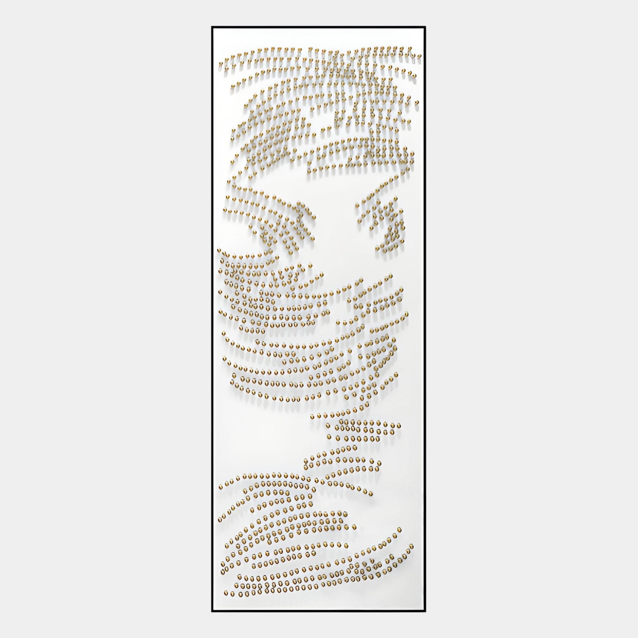 The Auravolta VI Pearl Beads Swirl Pattern 3D Wall Art by Giant Sculptures showcases gold pearl beads on white, creating an abstract face within a rectangular frame—ideal for modern, minimalist wall decor.