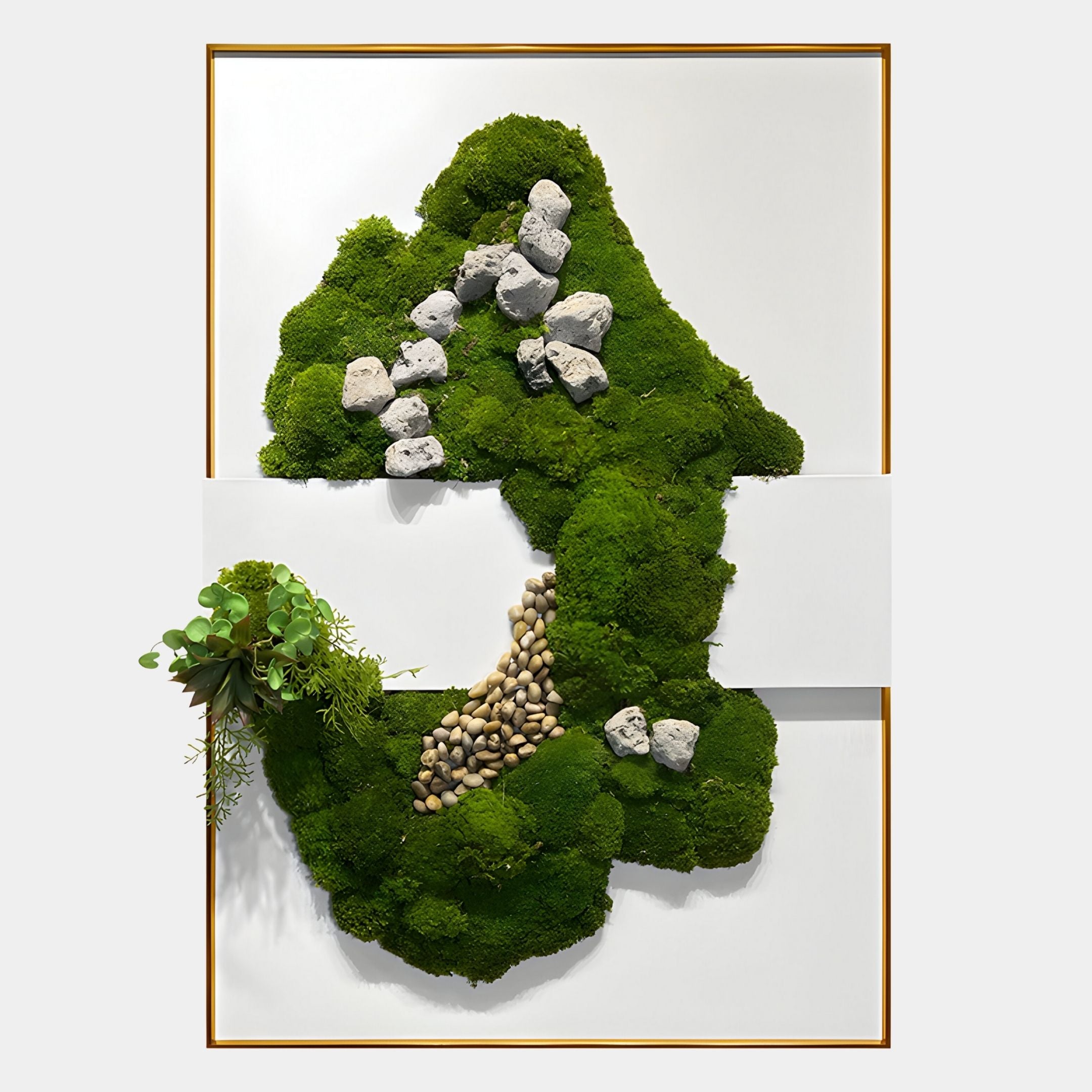 The Florinex Green Moss, Stone & Pebble Organic 3D Wall Art by Giant Sculptures showcases green moss, gray rocks, and tan pebbles in an abstract design on white, with green plants emerging from the left side.