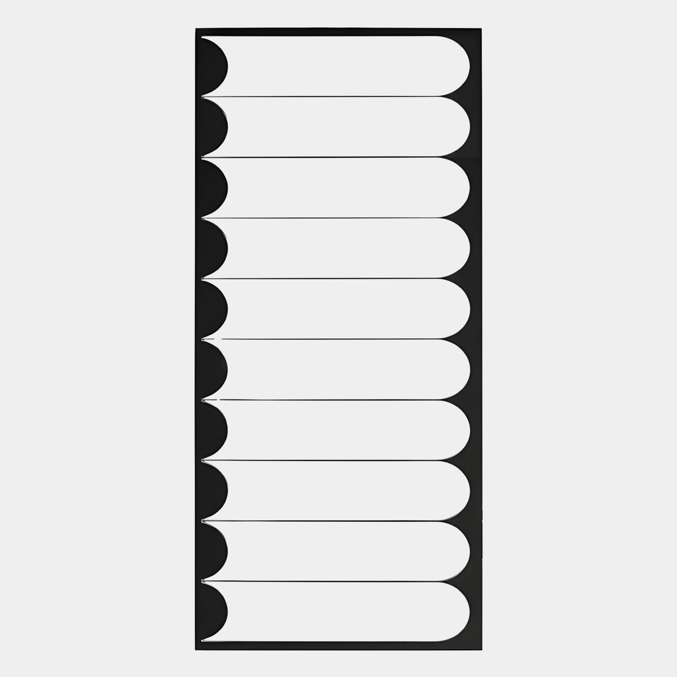 The Lumiscale Black & White Modular Glass Wall Mirror by Giant Sculptures features a black rectangular frame with eight capsule-shaped cells, making it a striking accent for modern interiors and contemporary home decor.