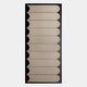 The Lumiscale Black & Taupe Modular Glass Wall Mirror by Giant Sculptures features a rectangular design with a black background and ten evenly spaced horizontal beige strips—each rounded on one end—adding modern geometric flair to any space.