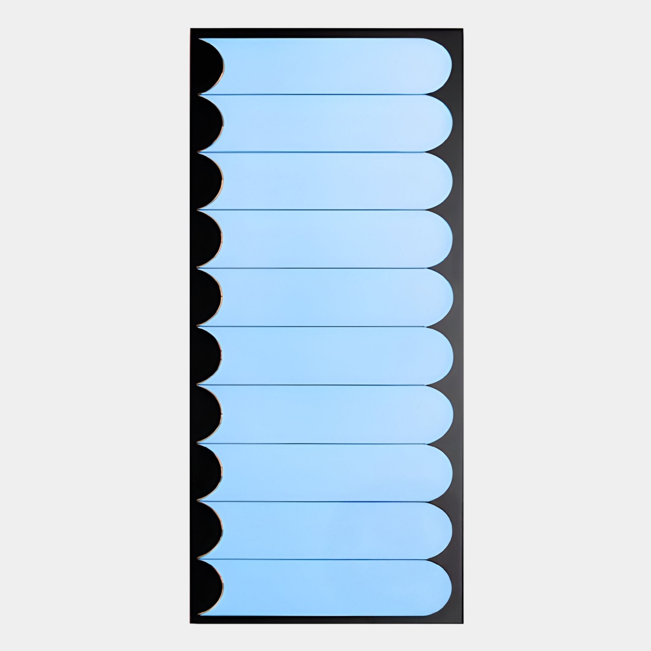 The Lumiscale Black & Blue Modular Glass Wall Mirror by Giant Sculptures features ten light blue horizontal bars with rounded edges and black semicircles on a black background, perfect for enhancing contemporary interiors.