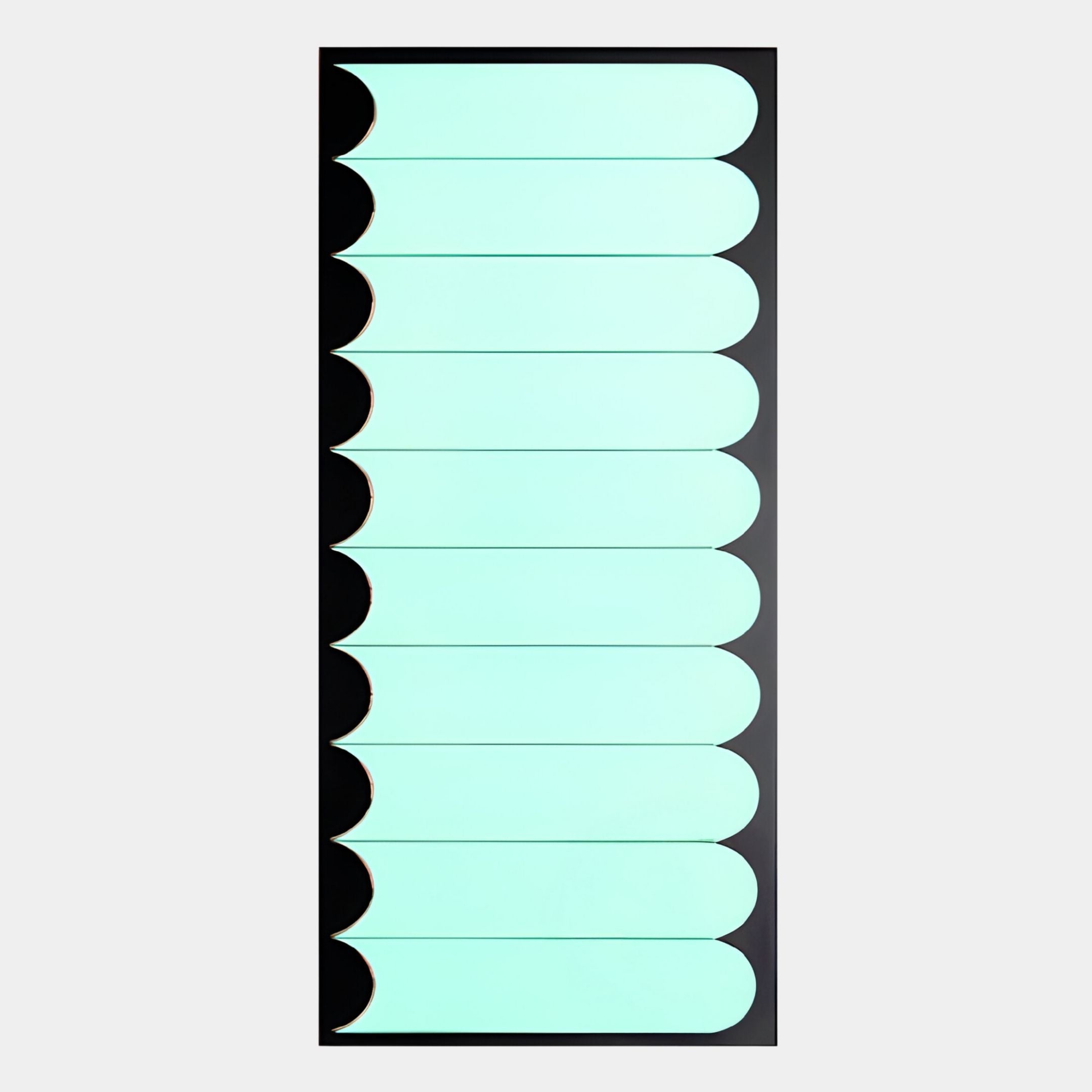 The Lumiscale Black & Mint Modular Glass Wall Mirror by Giant Sculptures features a sleek, modern design with mint-green accents and rounded forms, evoking a contemporary style similar to stylish nail wraps arranged in two columns.