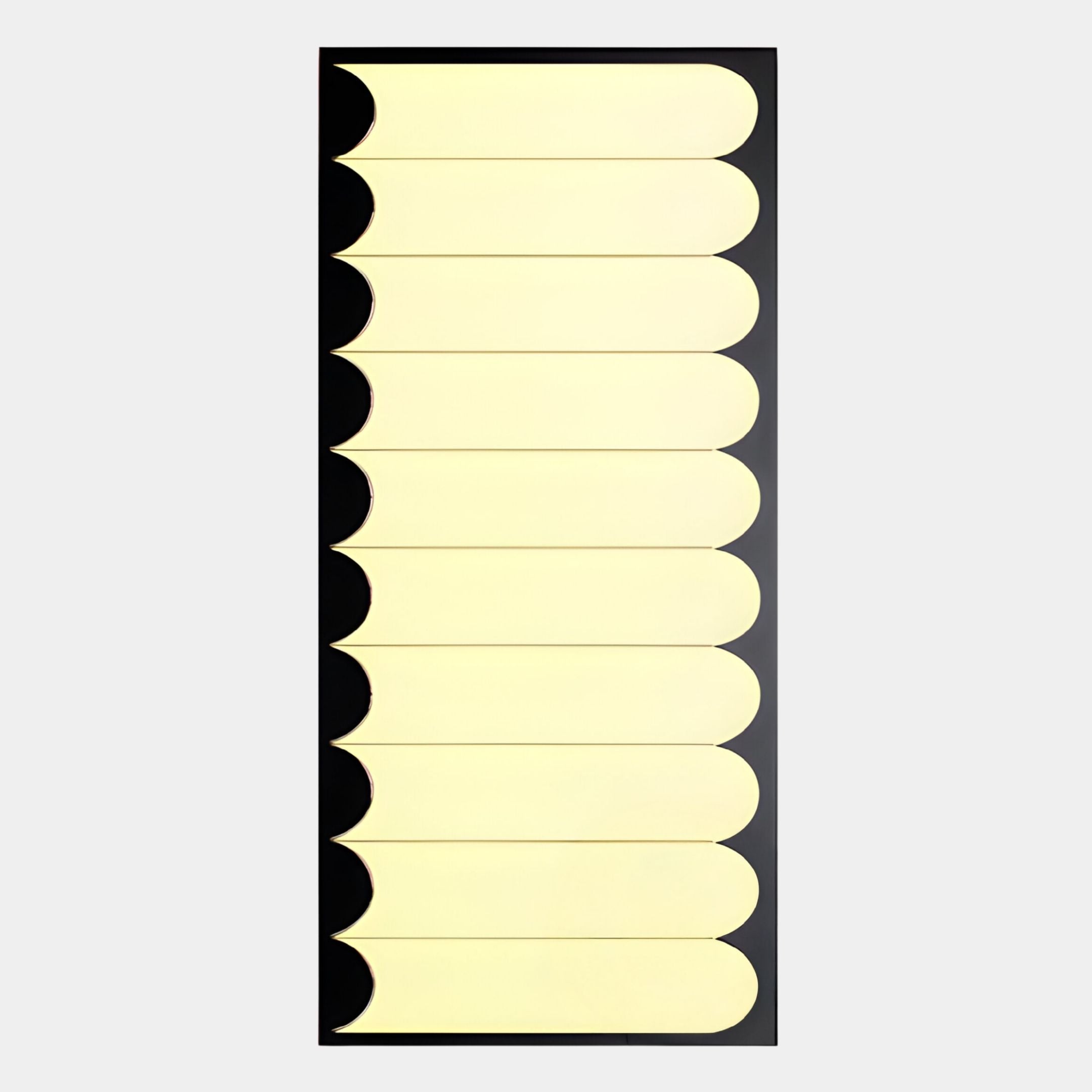 A vertical sheet with two columns of ten rounded yellow adhesive tabs by Giant Sculptures, perfect for labeling your Lumiscale Black & Soft Yellow Modular Glass Wall Mirror or other modern wall mirrors.