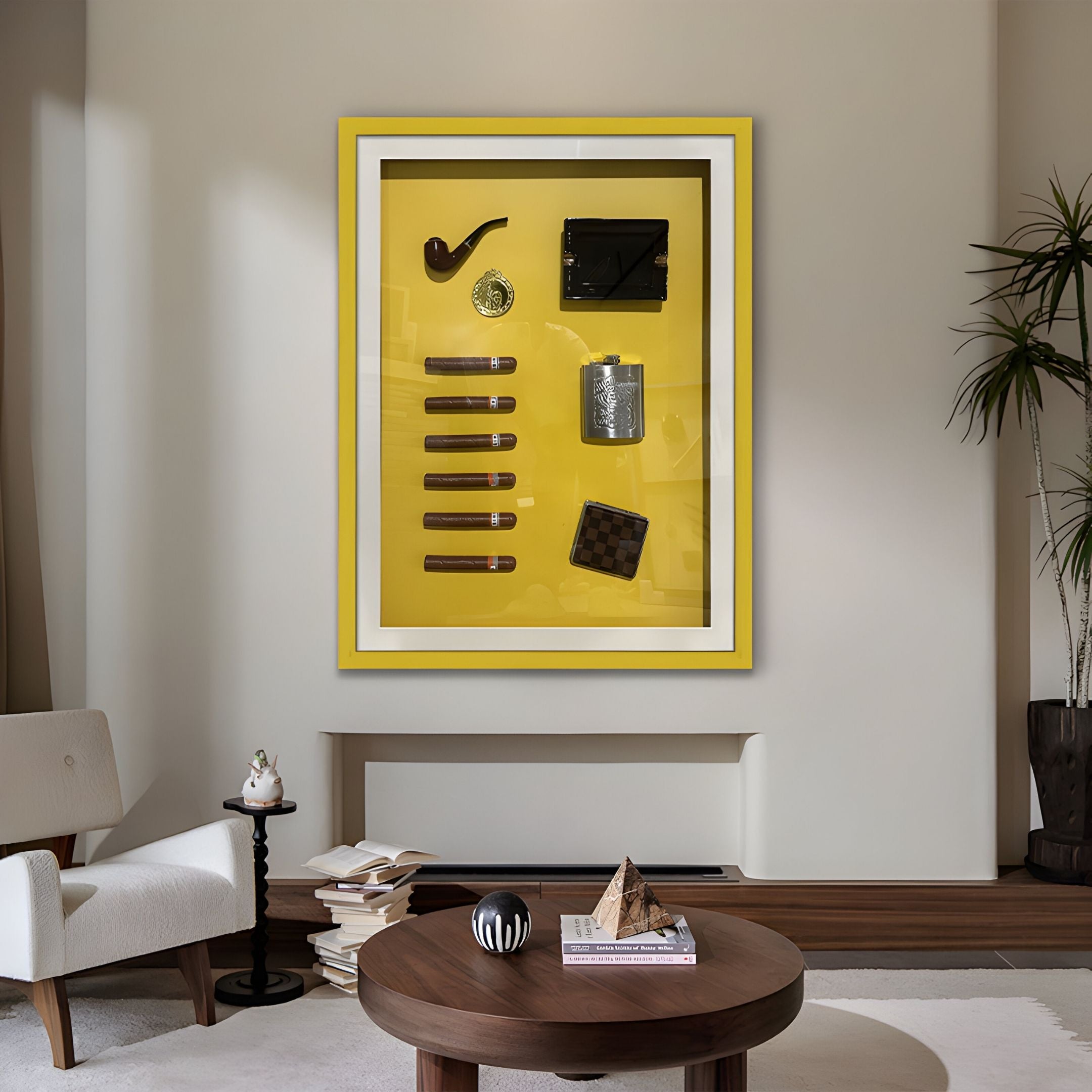 A modern living room showcases the Gentaro Cigar & Gentleman Collectible Display Wall Art by Giant Sculptures, featuring cigars, a pipe, and vintage accents alongside a white chair, round wooden table, stacked books, and smoking lounge decor.