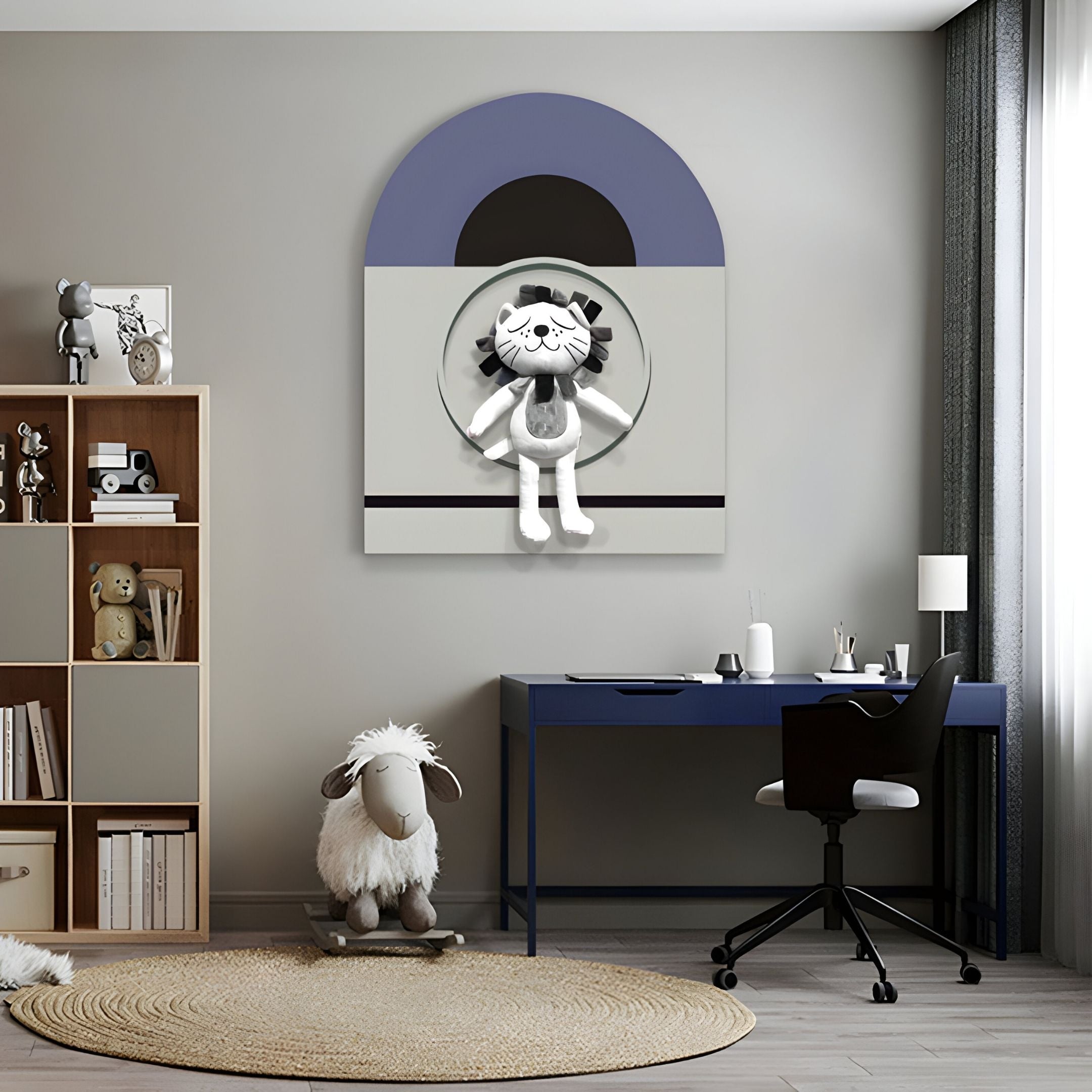 A modern kids’ room with a desk, chair, and shelves, featuring a plush sheep toy on the floor and Giant Sculptures' Cuddiloft Grey Lion Plush Display 3D Wall Art above the desk. Neutral tones and natural light enhance this inviting kids' space.