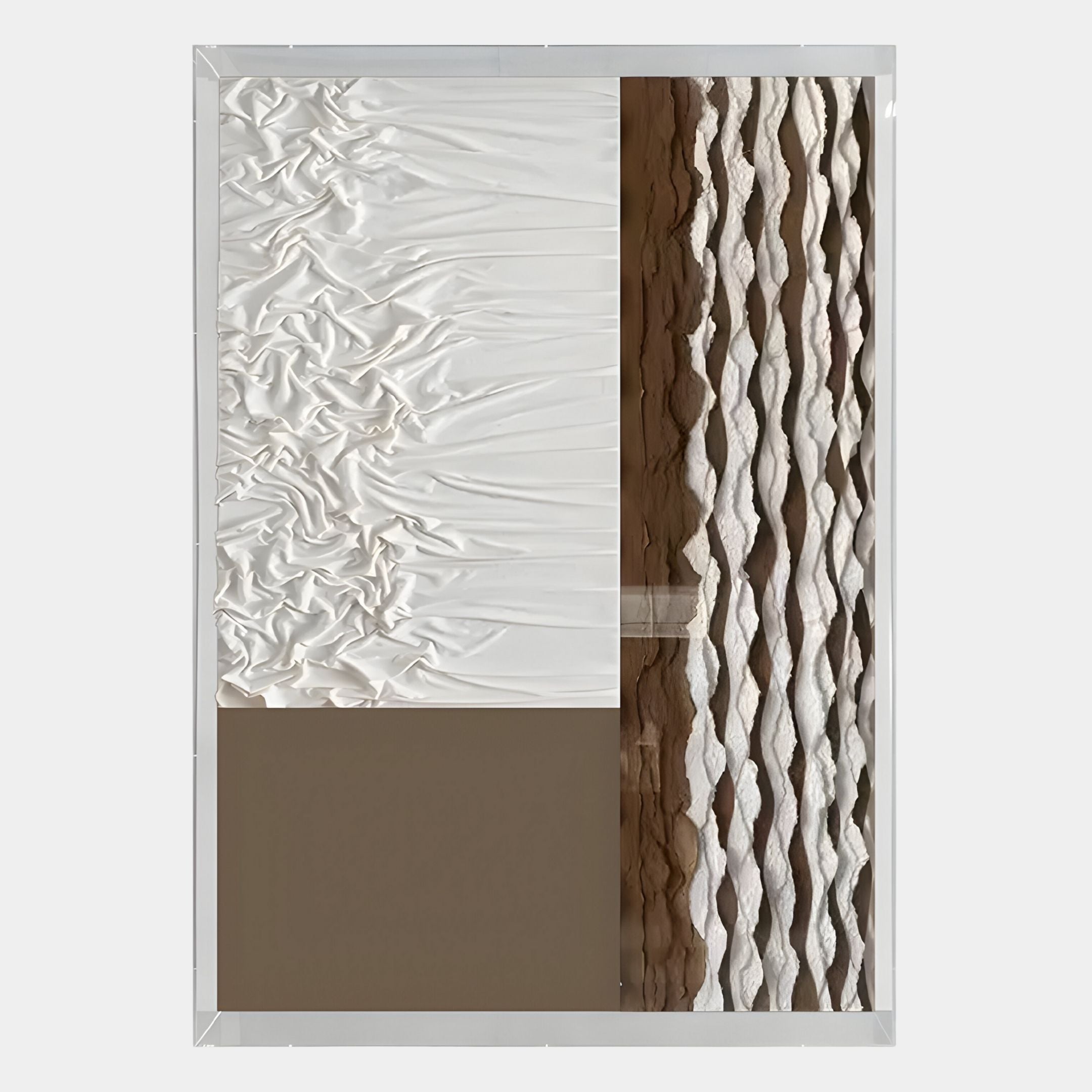 Texturien White & Taupe Paper Abstract 3D Wall Art by Giant Sculptures features four sections: gathered white fabric top left, smooth taupe bottom left, ridged texture top right, and smooth taupe bottom right for striking contemporary décor.