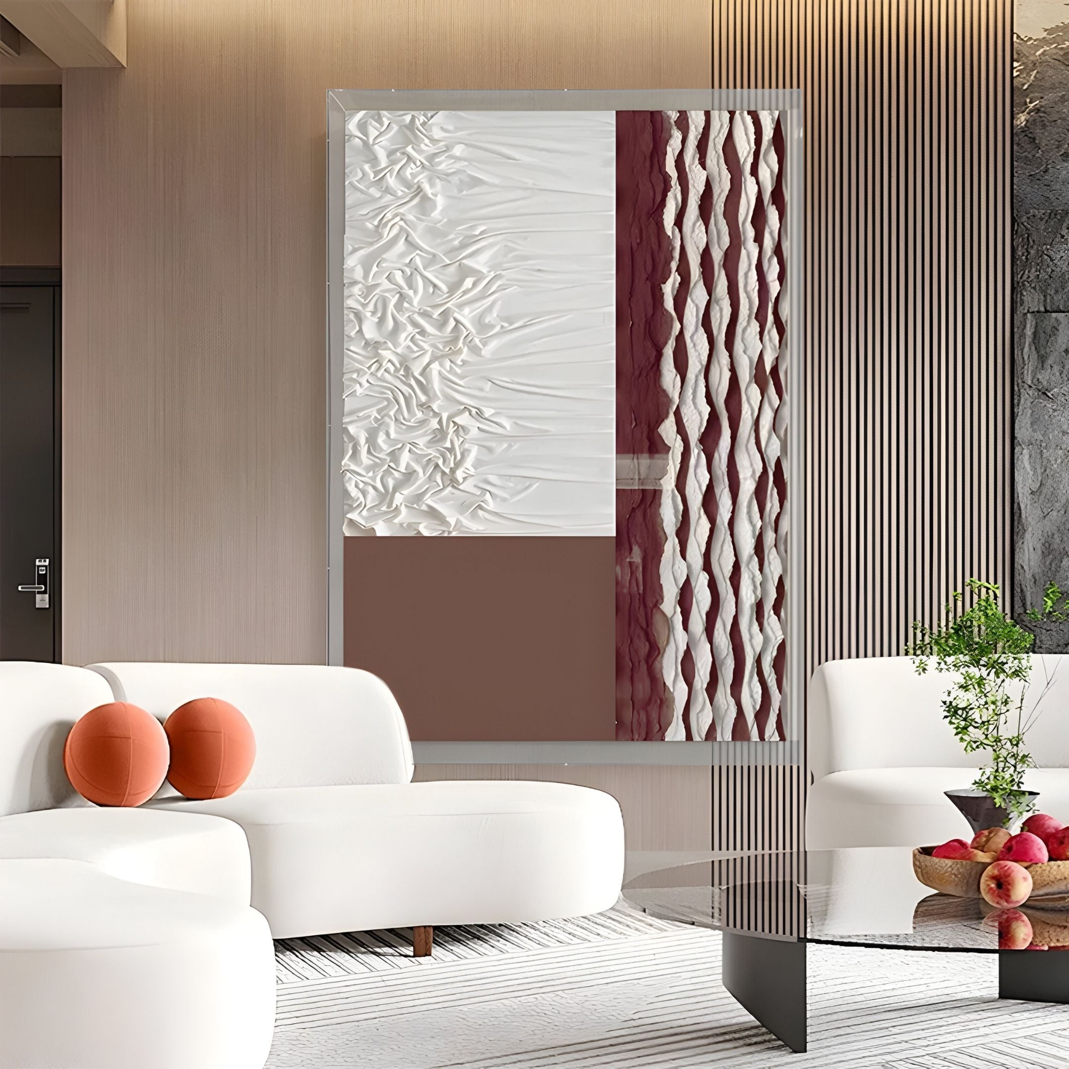 A modern living room with white sofas, orange round cushions, a glass coffee table, and Giant Sculptures' Texturien White & Burgundy Paper Abstract 3D Wall Art featuring striking geometric and wavy patterns as contemporary decor.
