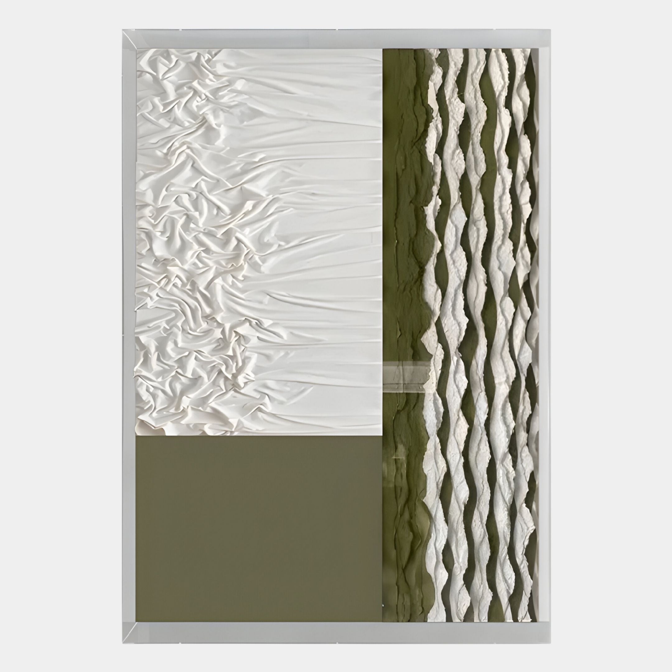The Texturien White & Olive Paper Abstract 3D Wall Art by Giant Sculptures features wavy white and olive textures, solid color blocks, and a rippled vertical strip, creating striking abstract dimension for your wall.