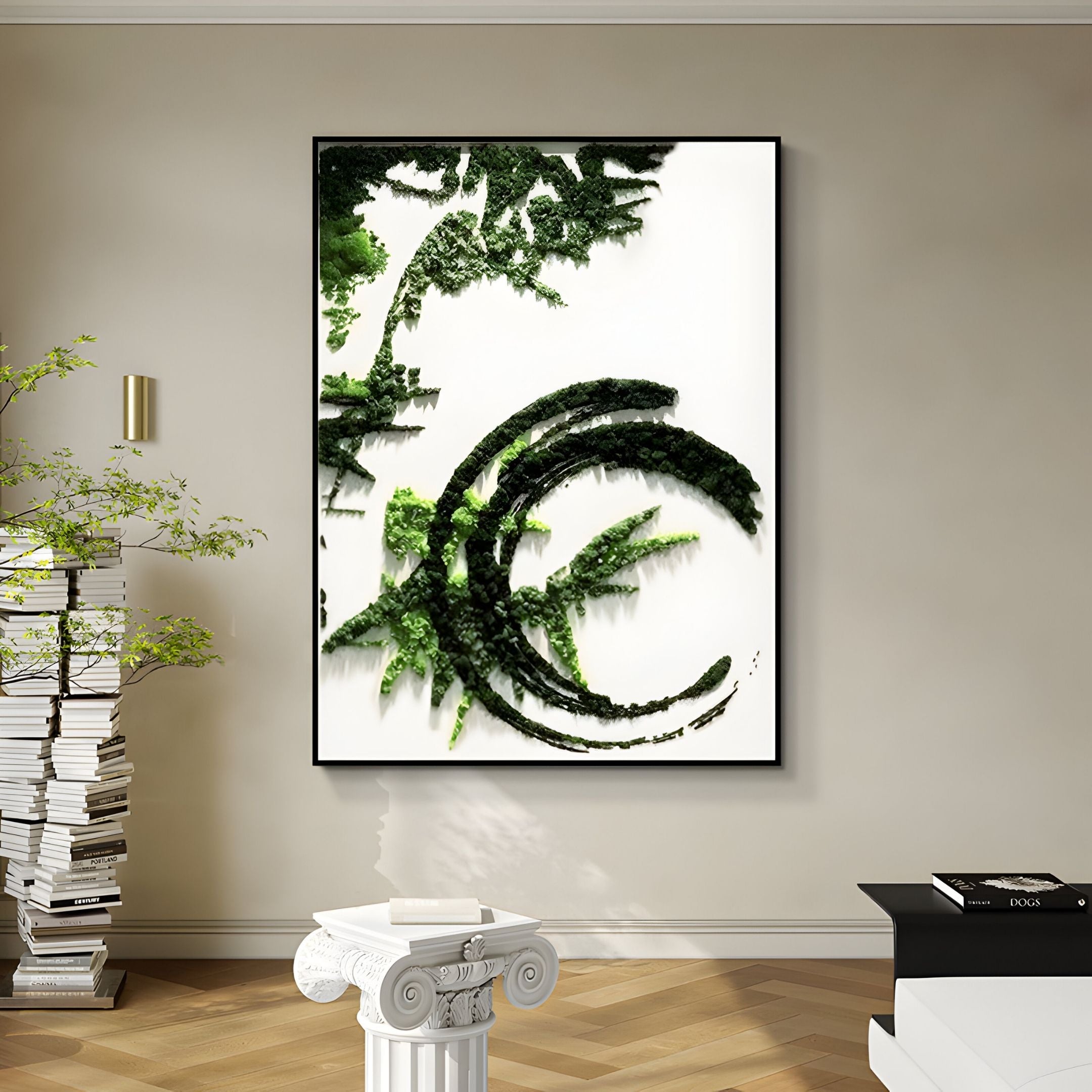 A modern living room showcases the Verdaryn Green Moss Arc Textured 3D Wall Art by Giant Sculptures, with swirling green moss on white, mounted on a light beige wall near a plant, stacked books, and a small classical column.