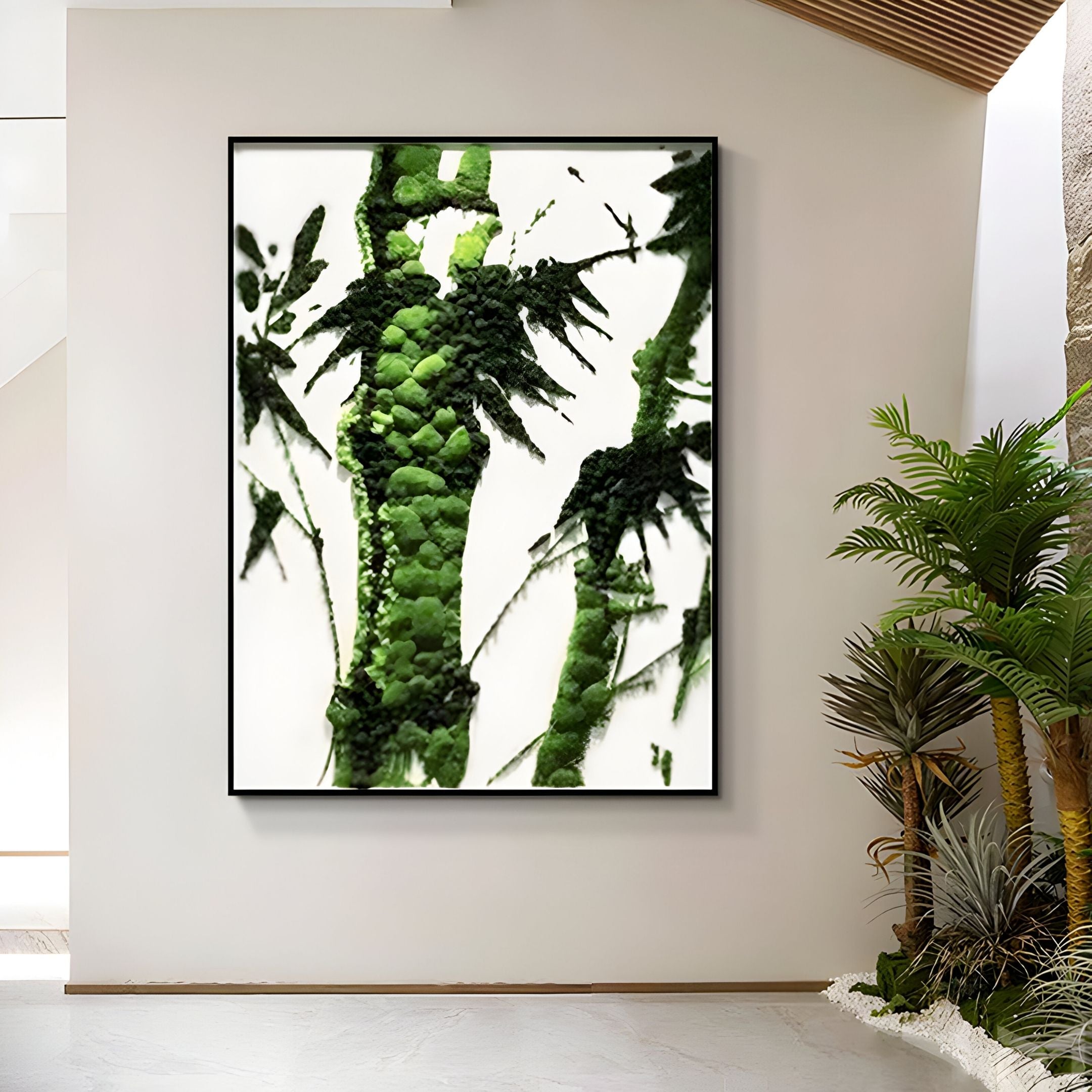 A modern interior with white walls features the Verdaryn Bamboo Trunk Green Moss Textured 3D Wall Art by Giant Sculptures. Potted tropical plants and sunlight nearby enhance the fresh, natural vibe of the space.