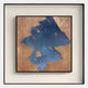 Stratum Indigo Drift Textured Abstract Framed Wall Art by Giant Sculptures features bold blue shapes on a copper and gold background, set in a sleek black frame—ideal for adding contemporary flair to your space.