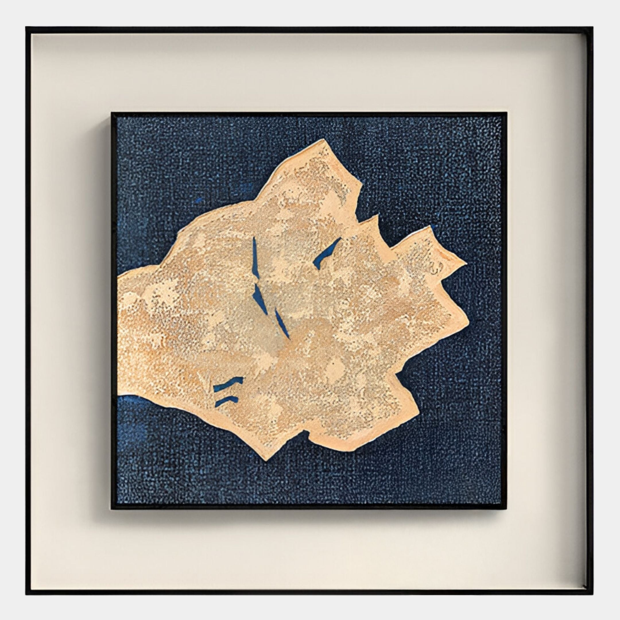 The Aeroluxe Sandform Blue Textured Abstract Framed Wall Art by Giant Sculptures features a large, irregular beige shape on a dark blue background, accented with textured patterns and jagged edges for striking depth.
