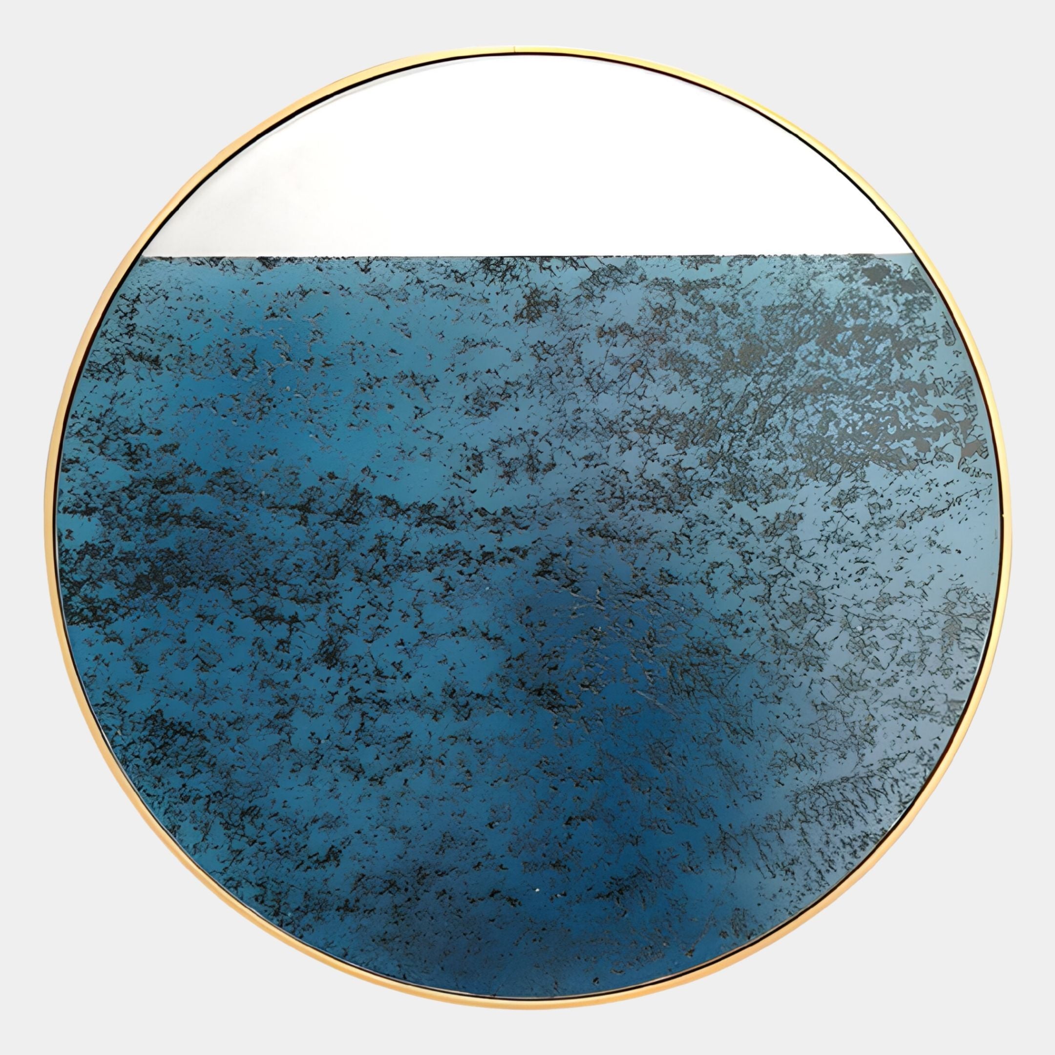 The Auralune Blue Horizon Abstract Round 3D Wall Art by Giant Sculptures features a thin gold-framed mirror with a clear upper half and textured blue lower half, evoking water or metal—ideal for fans of modern horizon design.