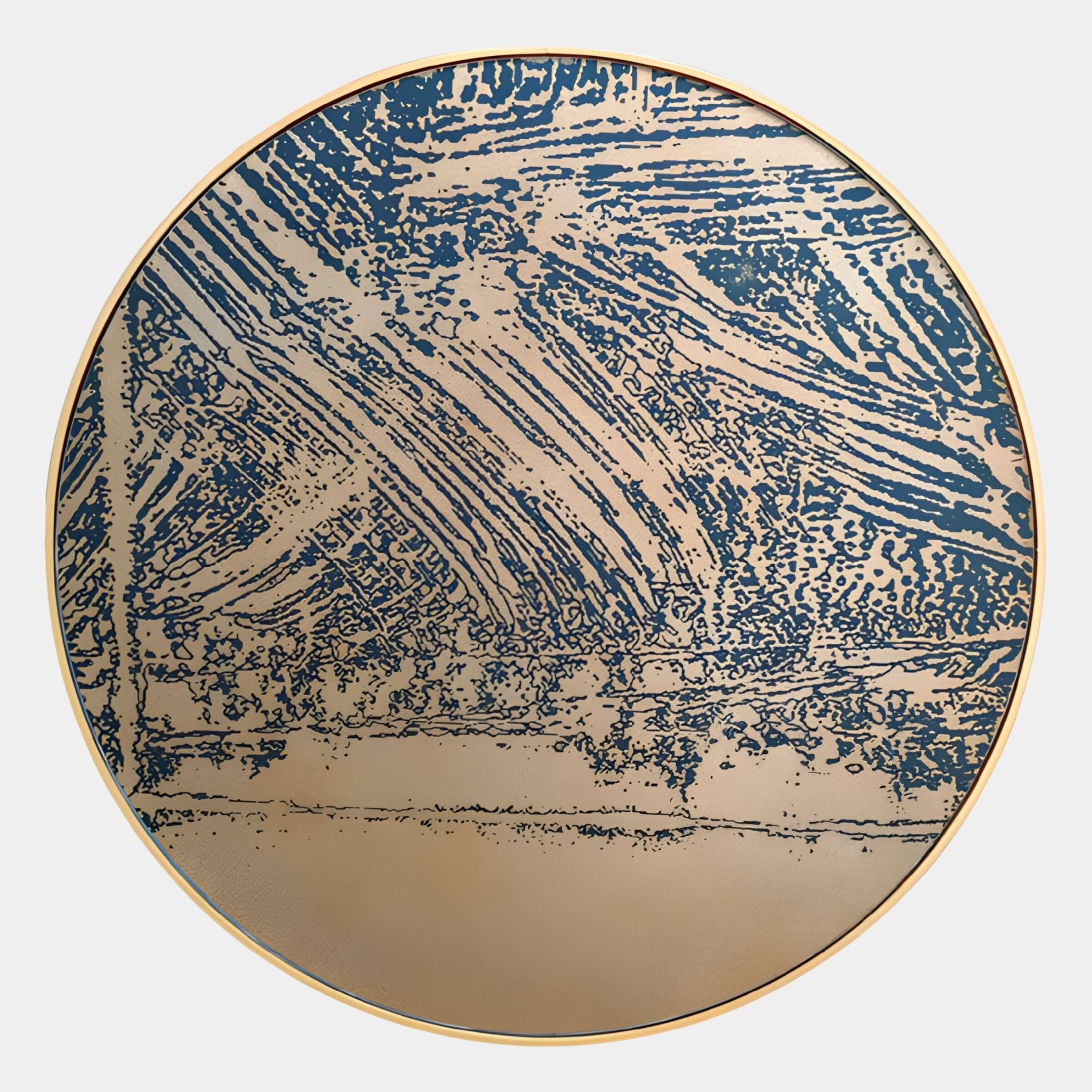 The Auralune Black Line Etching Abstract Round 3D Wall Art by Giant Sculptures features swirling blue lines on a gold background with a slim gold rim—ideal as modern living room décor or eye-catching wall art.