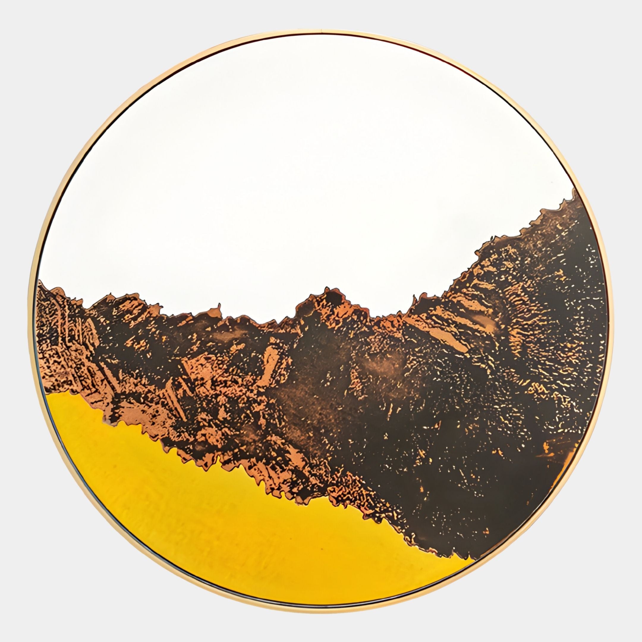 The Auralune Golden Ridge Abstract Round 3D Wall Art by Giant Sculptures features a white background, abstract brown and black textures, a yellow accent at the bottom, and a thin gold rim—ideal as striking wall art.