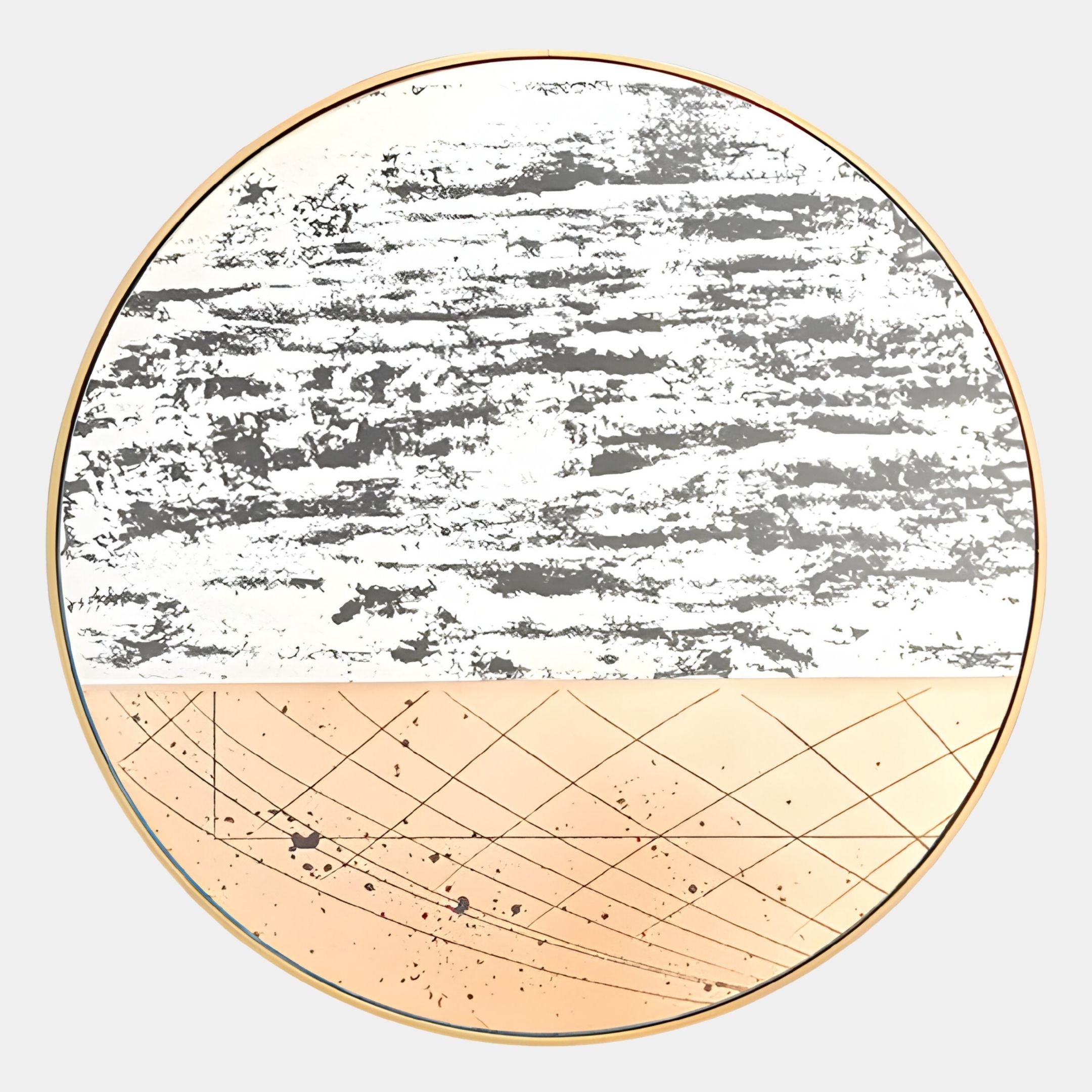 The Auralune Blush Meridian Abstract Round 3D Wall Art by Giant Sculptures features a gold rim, textured gray and white upper half, smooth peach lower half, and elegant gold intersecting lines—modern textured wall decor for any space.