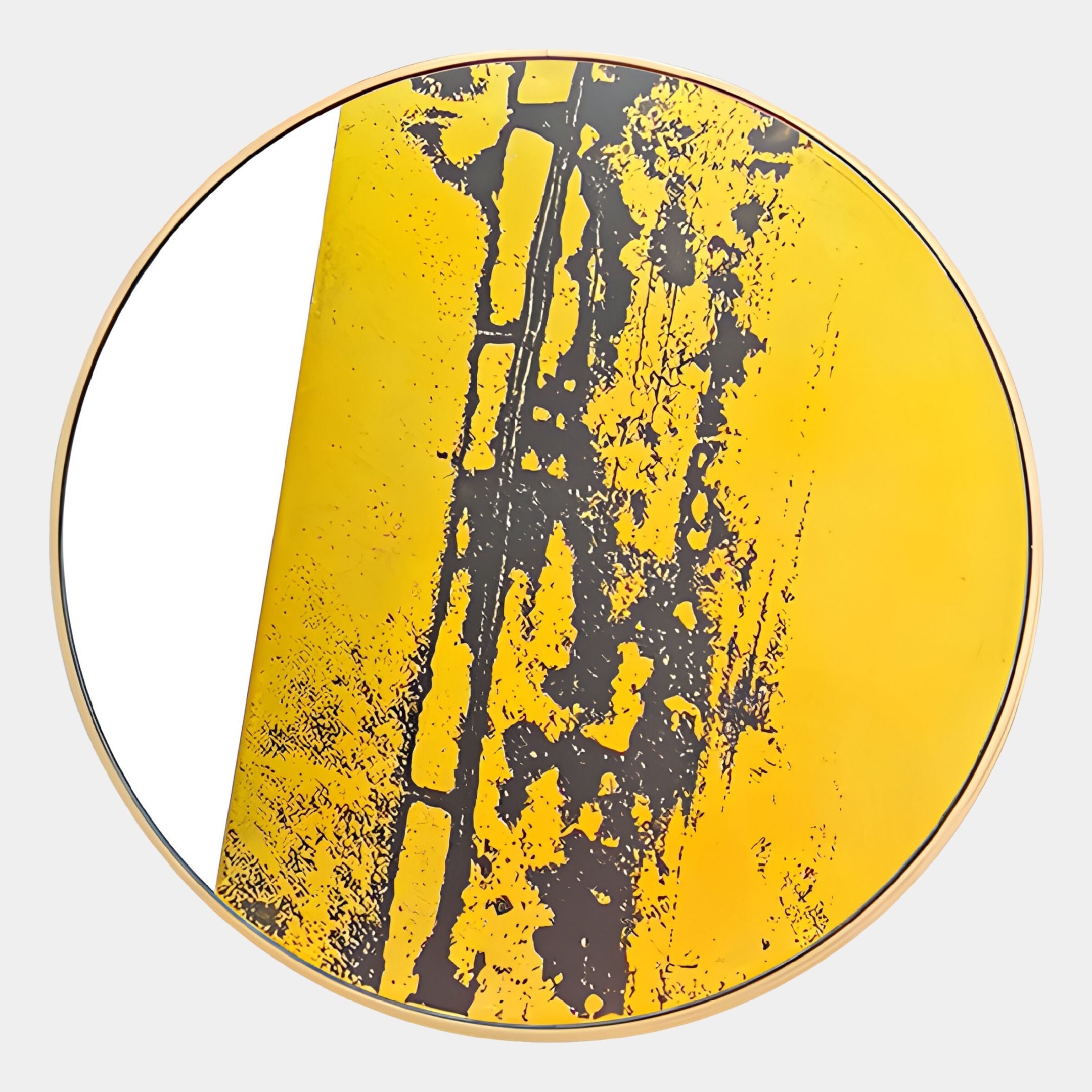 The Auralune Citrine Column Abstract Round 3D Wall Art by Giant Sculptures features bold yellow, black, and white patterns, framed in thin gold, adding an abstract touch to your space.