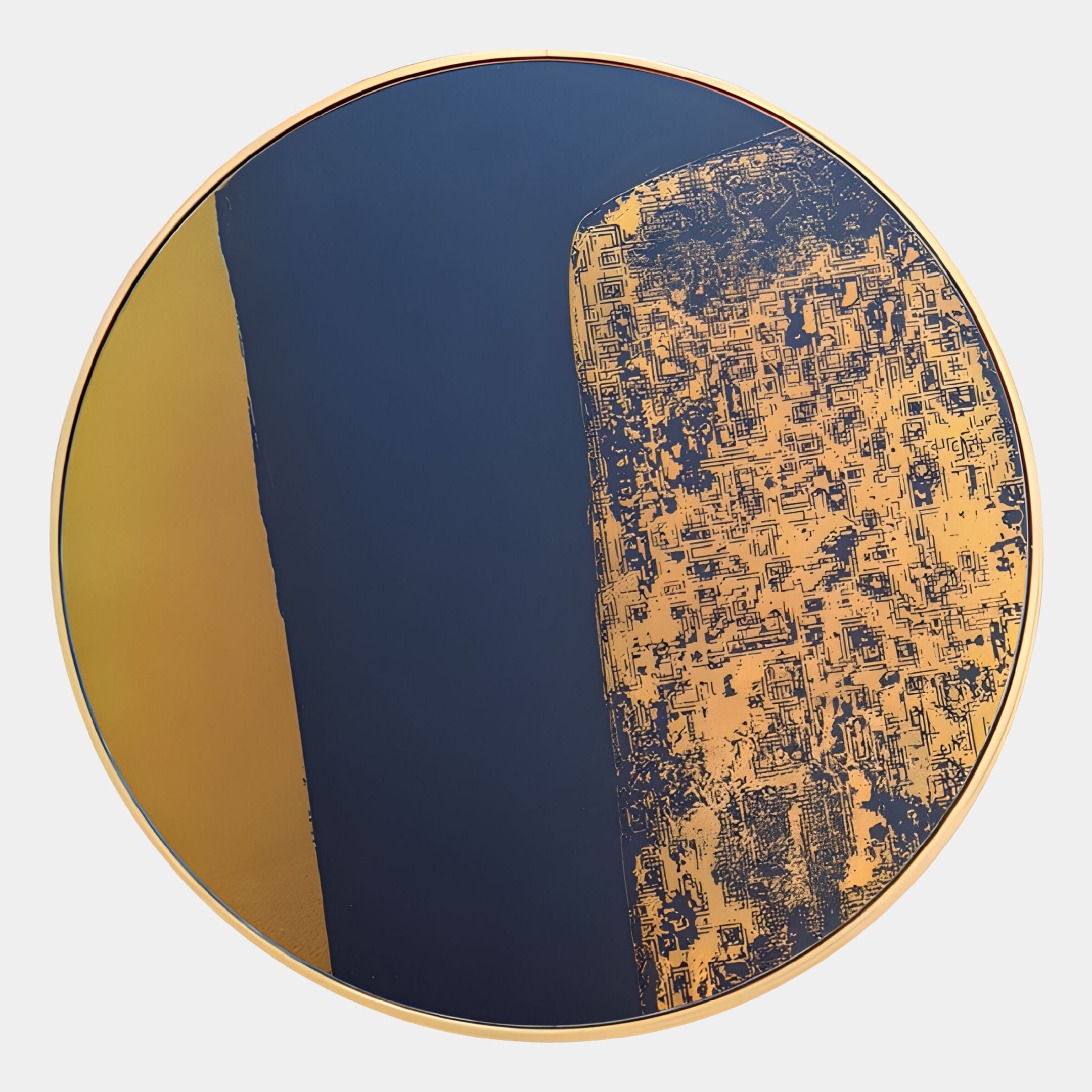 The Auralune Midnight Crest & Gold Matrix Round 3D Wall Art by Giant Sculptures features a gold rim, deep navy and gold sections, and intricate circuit-like gold patterns, creating a bold modern contrast.
