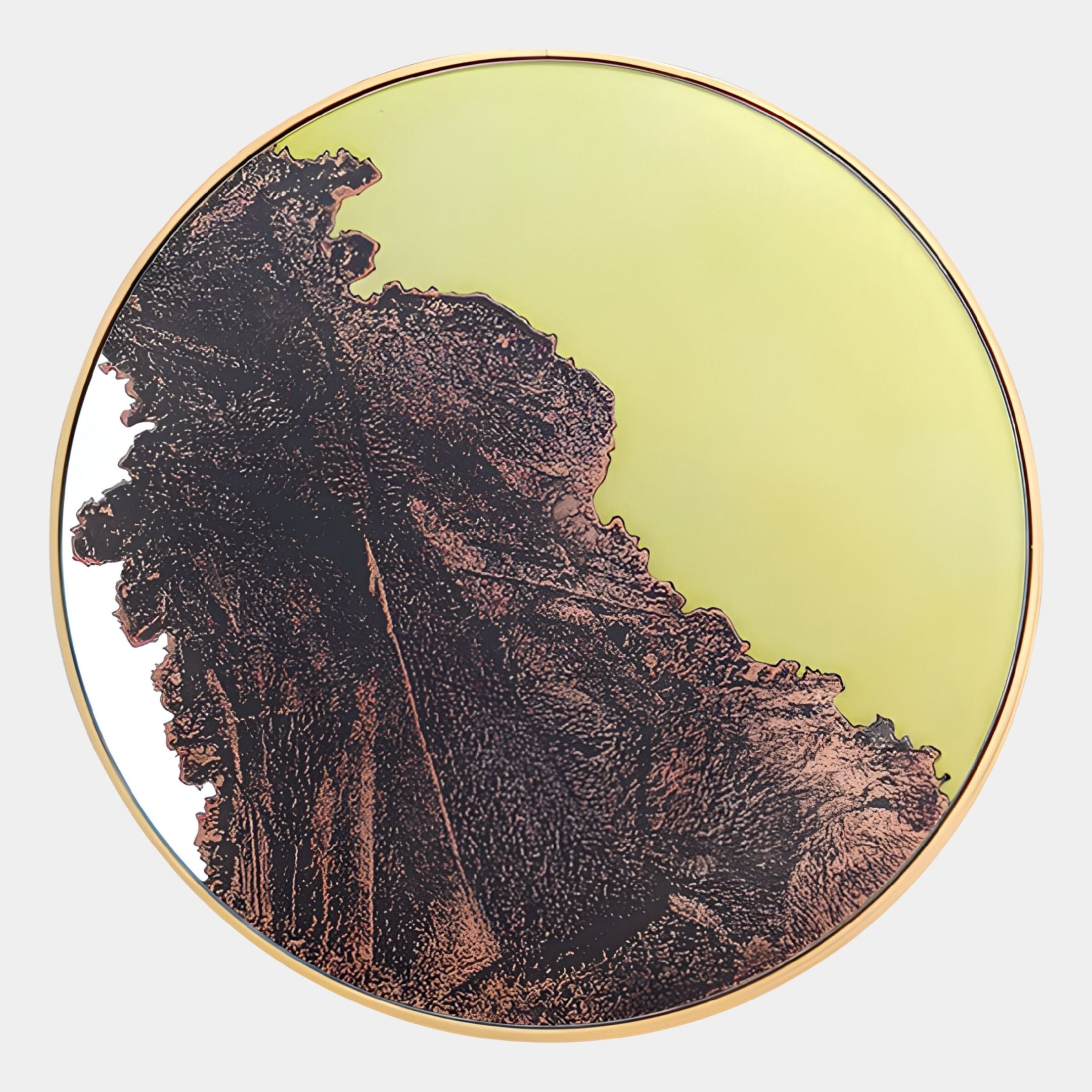 The Auralune Verdant Rise Textured Abstract Round 3D Wall Art by Giant Sculptures features a glossy, dark brown terrain-inspired design against a smooth, light yellow backdrop for striking modern decor.