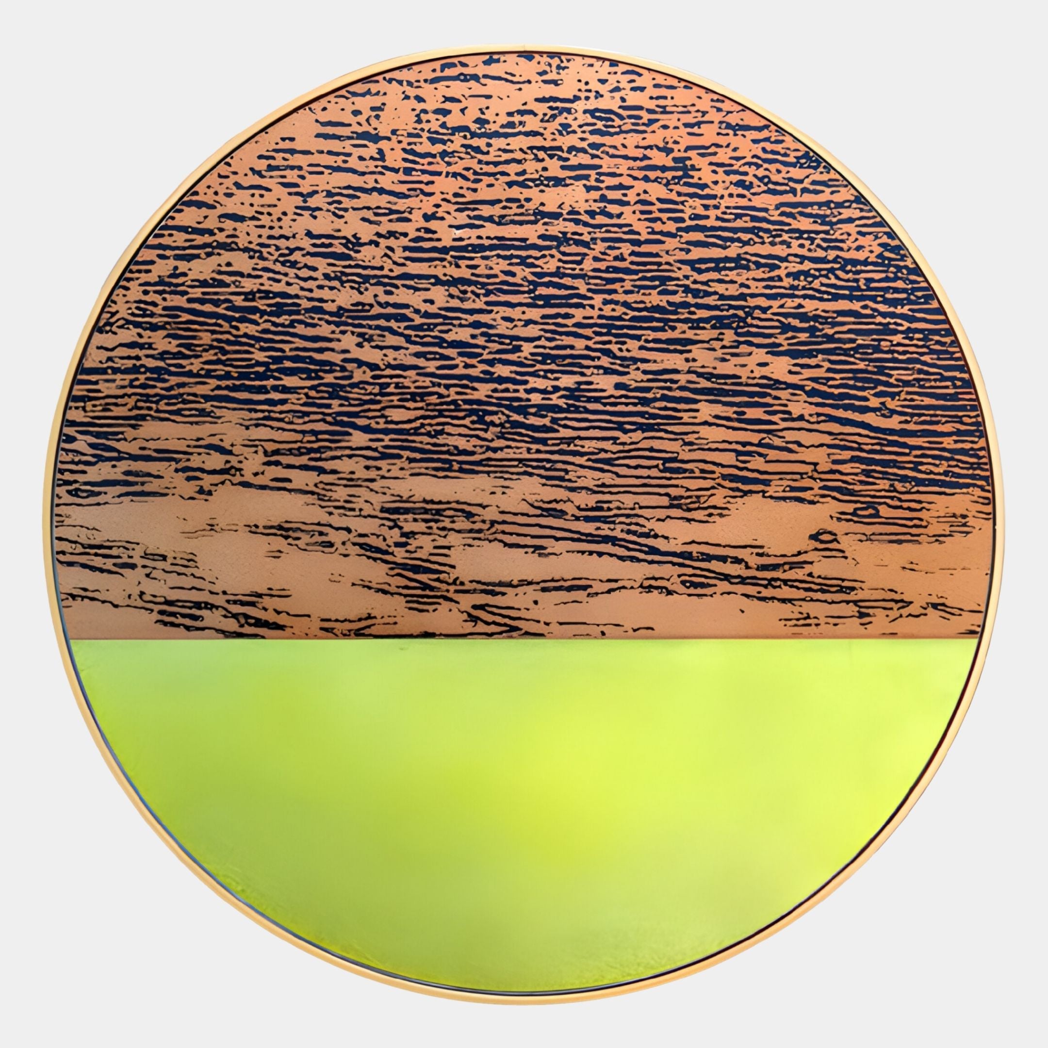 The Auralune Copper & Lime Glow Abstract Round 3D Wall Art by Giant Sculptures features textured dark brown lines over copper on top and smooth lime green below—ideal for modern, eye-catching decor.
