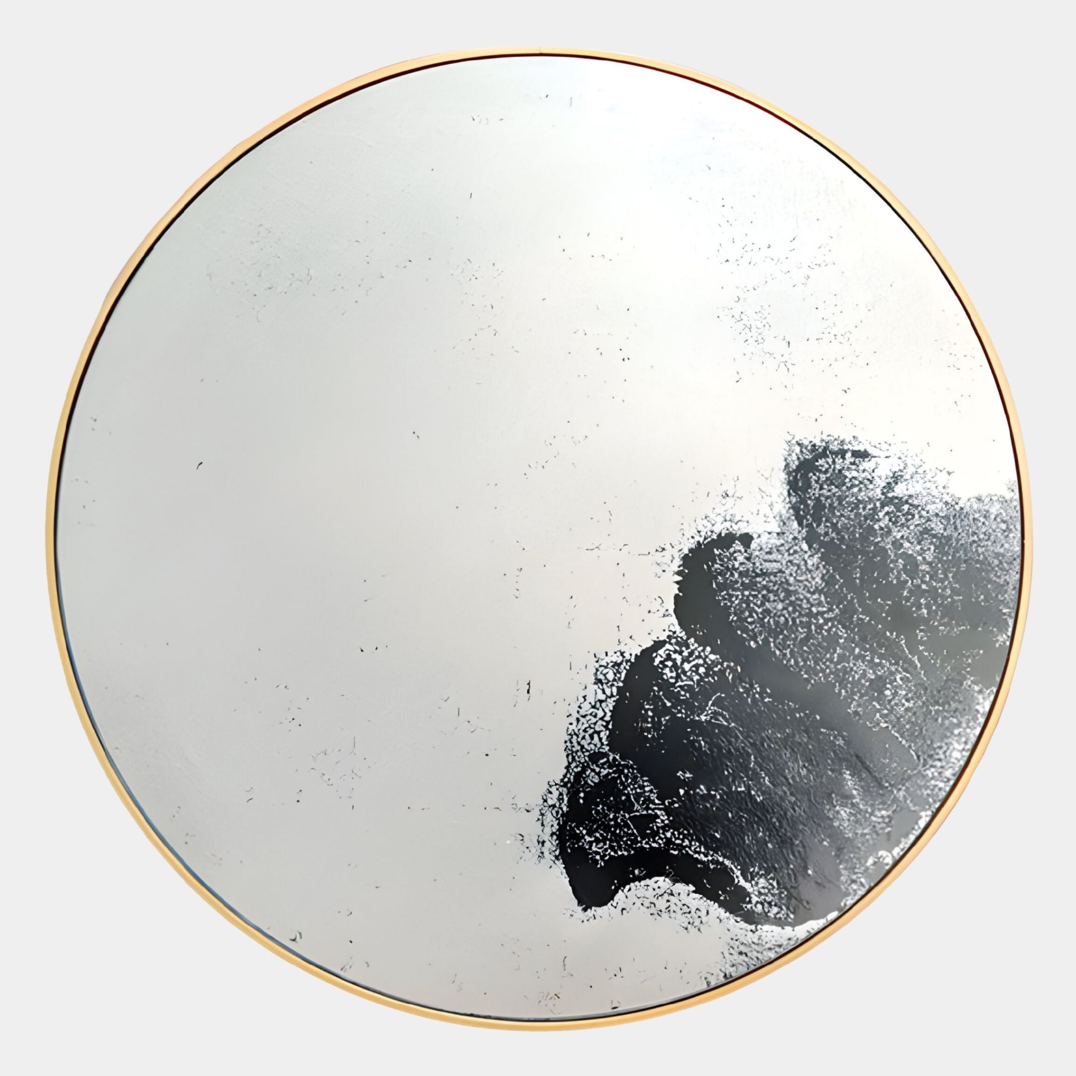 The Auralune Ink Drift Abstract Round 3D Wall Art by Giant Sculptures features a thin gold-framed mirror with black ink brushstroke artwork on one side, creating striking minimalist wall decor against a light background.