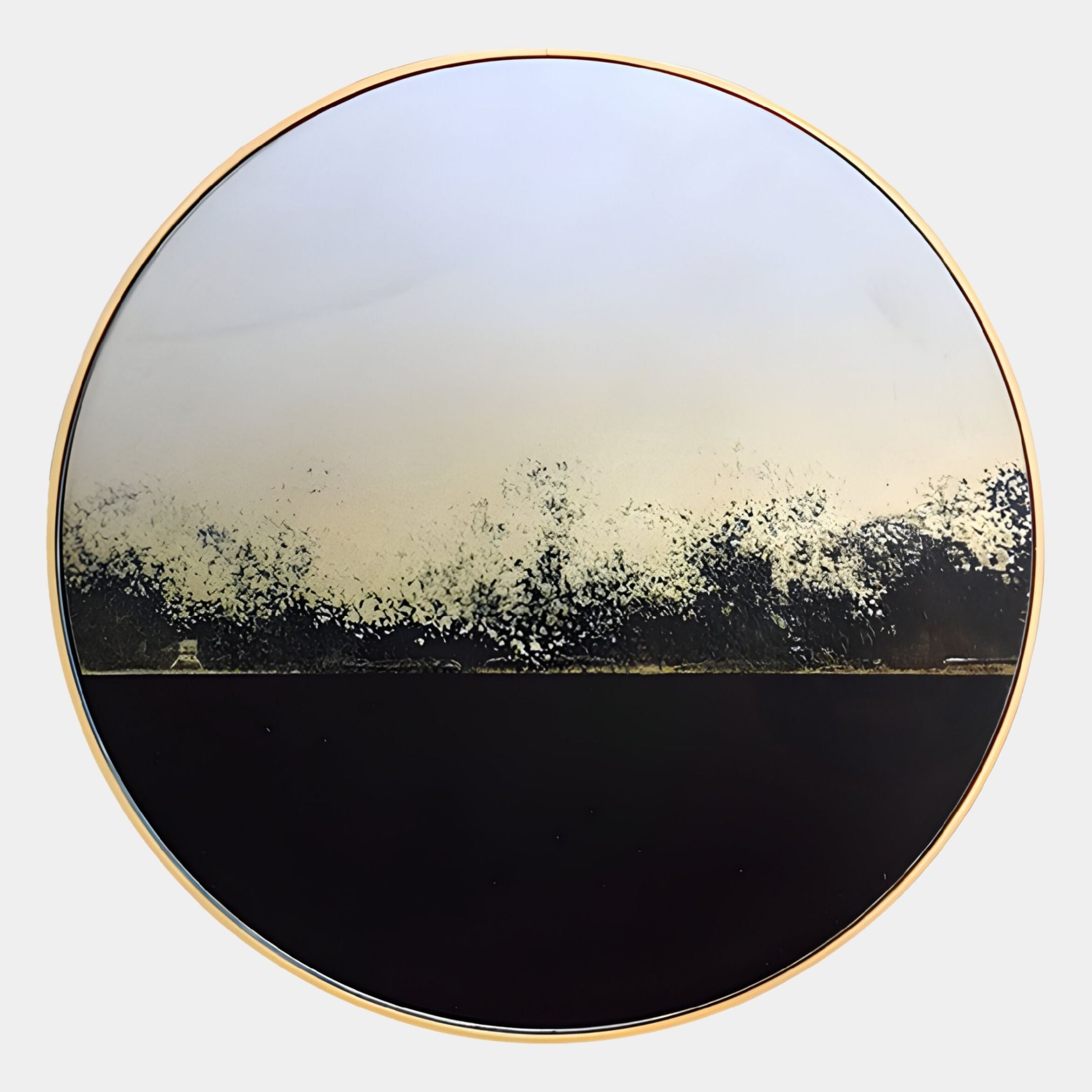 The Auralune Dusk Line Gradient Abstract Round 3D Wall Art by Giant Sculptures features a white-to-gold sky, textured black and gold horizon, solid black foreground, and thin golden frame—perfect for contemporary decor.