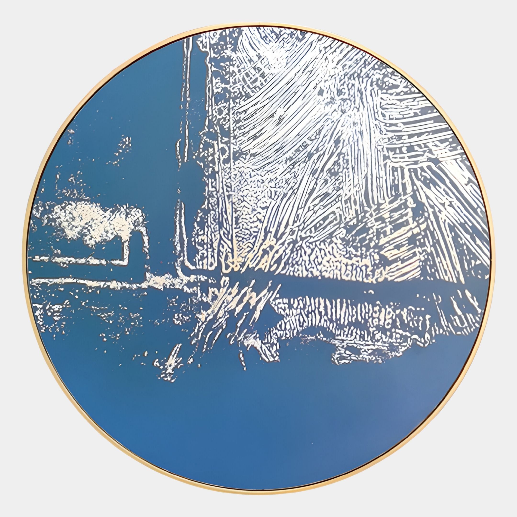 The Auralune Frosted Trace Blue Abstract Round 3D Wall Art by Giant Sculptures features textured white strokes on a blue backdrop with a slim gold rim—an ideal piece of contemporary wall decor.
