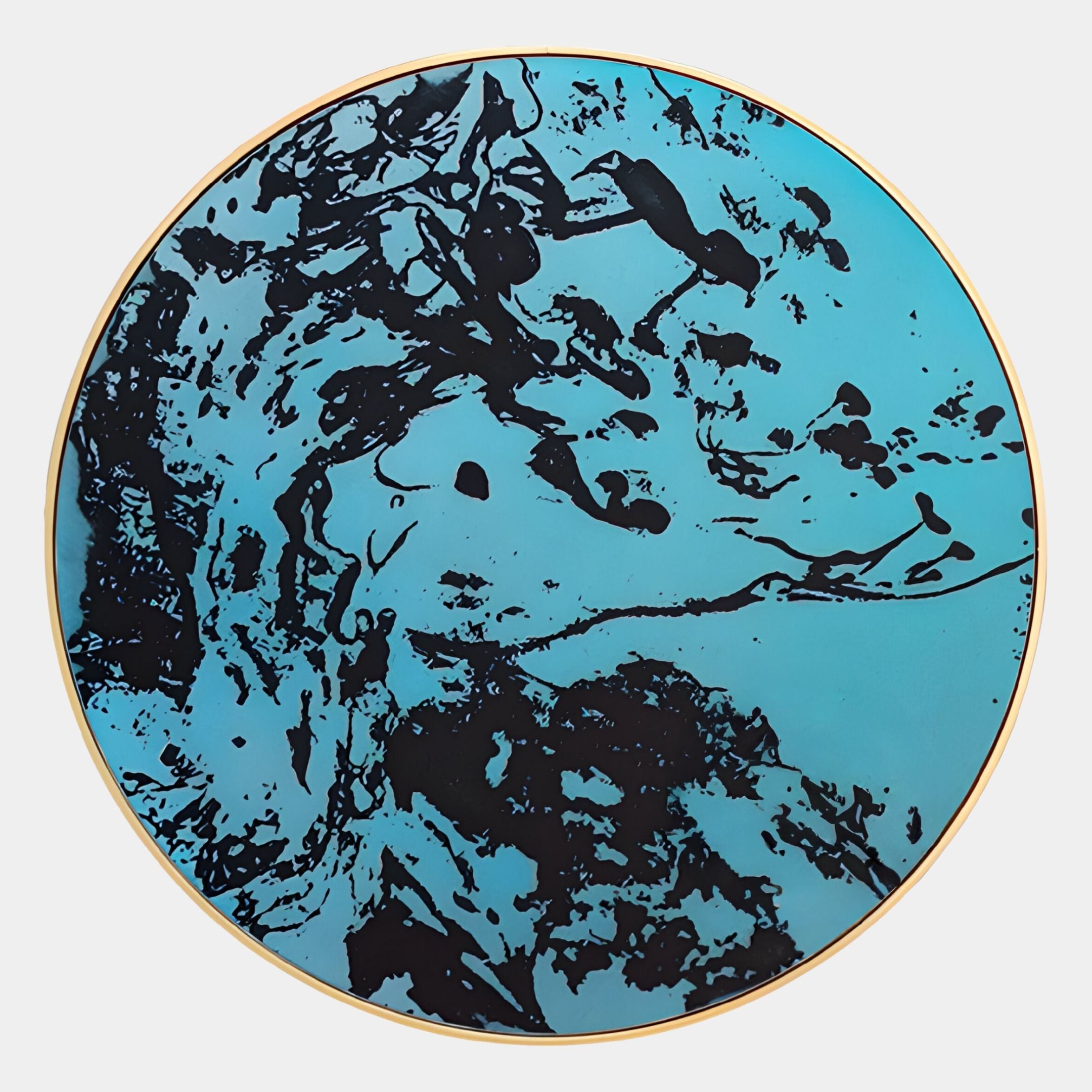 The Auralune Black & Aqua Flow Abstract Round 3D Wall Art by Giant Sculptures features glossy turquoise with black swirling patterns and a thin gold rim—ideal as modern abstract wall décor for any space.
