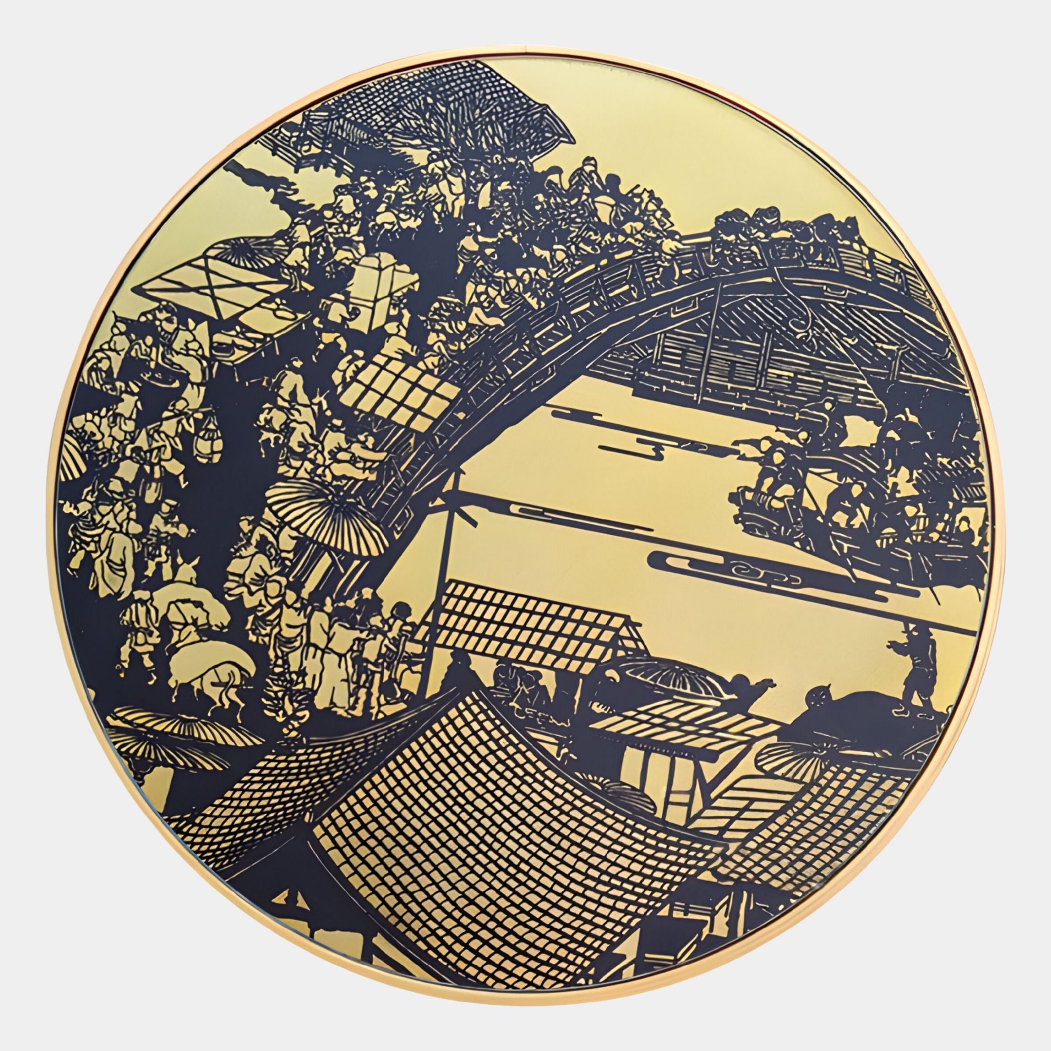 The Auralune Golden Market Scene Round 3D Wall Art by Giant Sculptures features a detailed black and gold East Asian market bridge scene—an elegant golden accent perfect for contemporary decor.